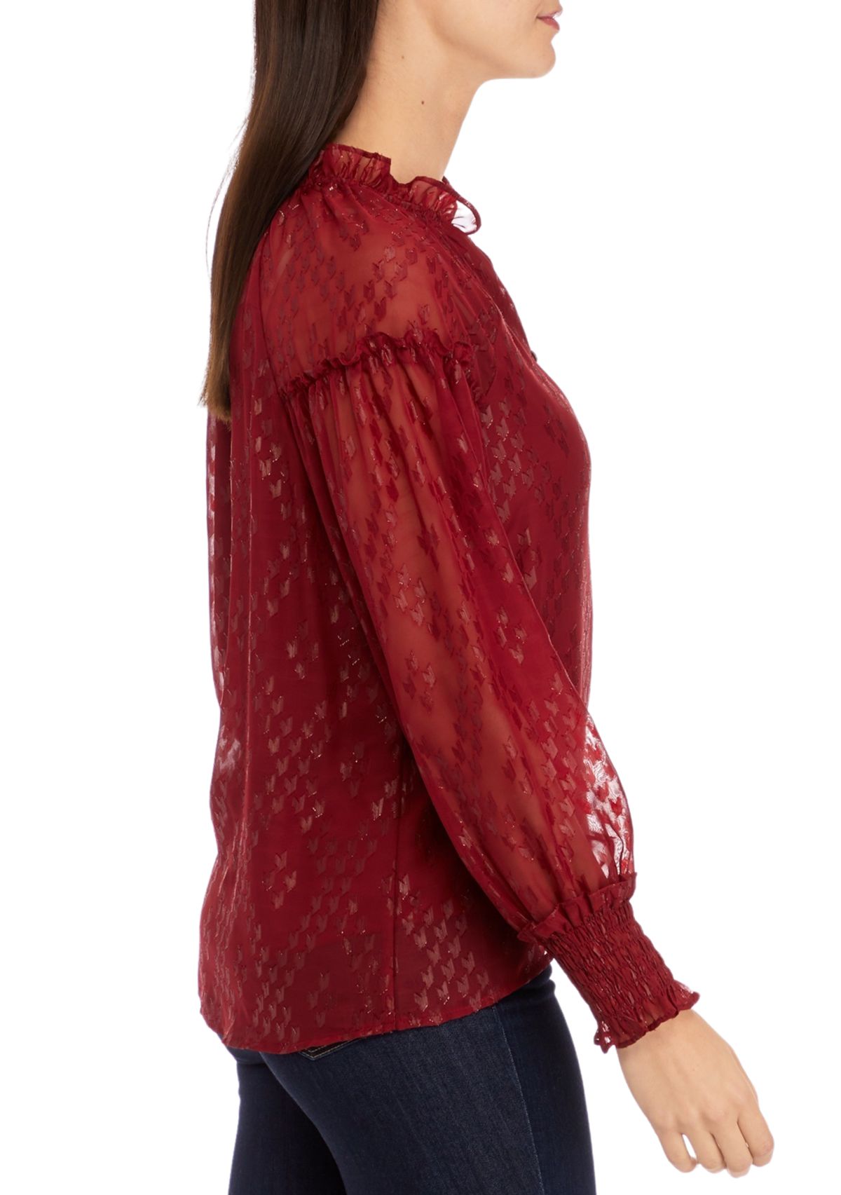 Womens Ruffle Trim Button Front Blouse