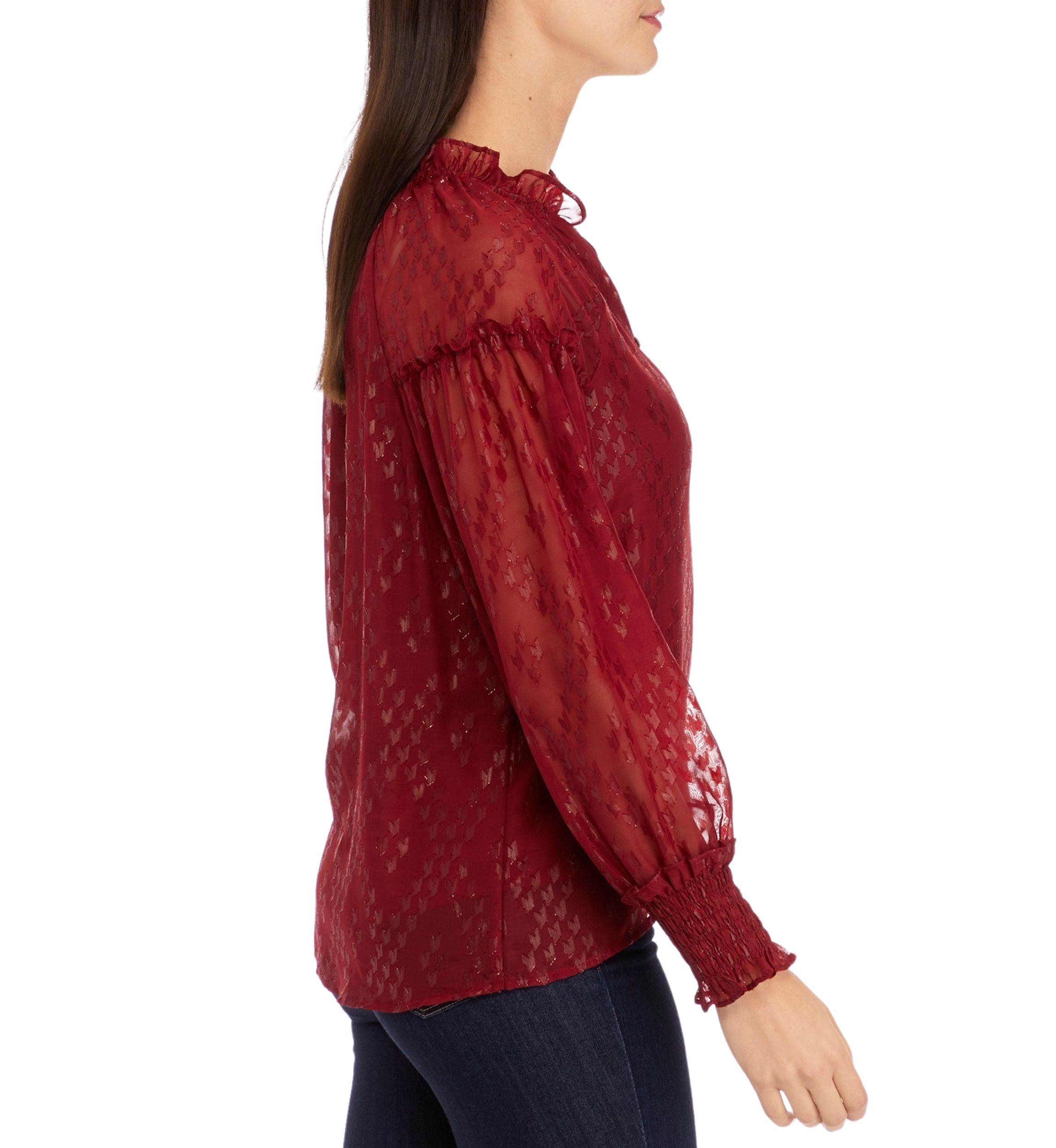Womens Ruffle Trim Button Front Blouse