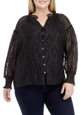 Cupio Women's Plus Size Ruffle Trim Button Front Blouse, Black, 1X