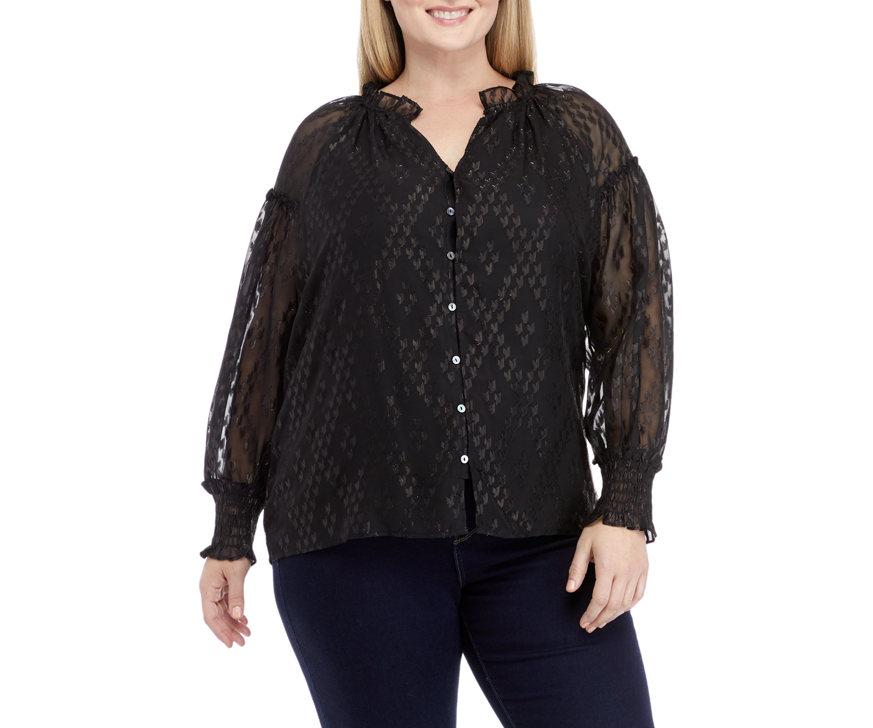 Plus Size Ruffle Trim Button Front Blouse
