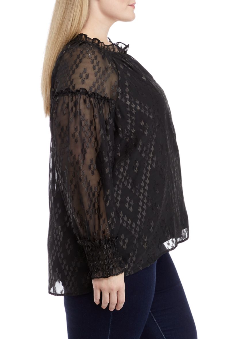 Plus Size Ruffle Trim Button Front Blouse