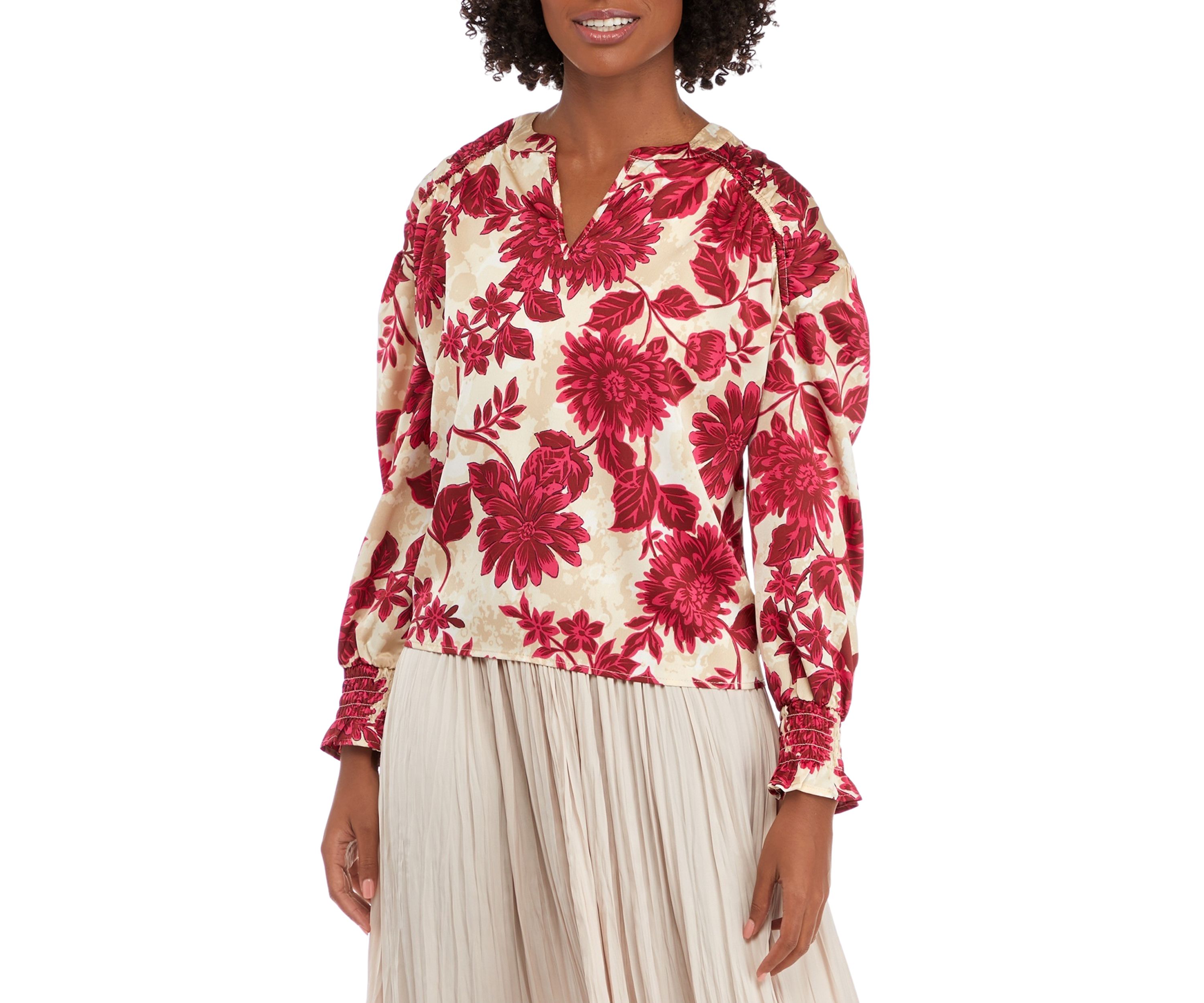 Womens Split Neck Shirred Blouse
