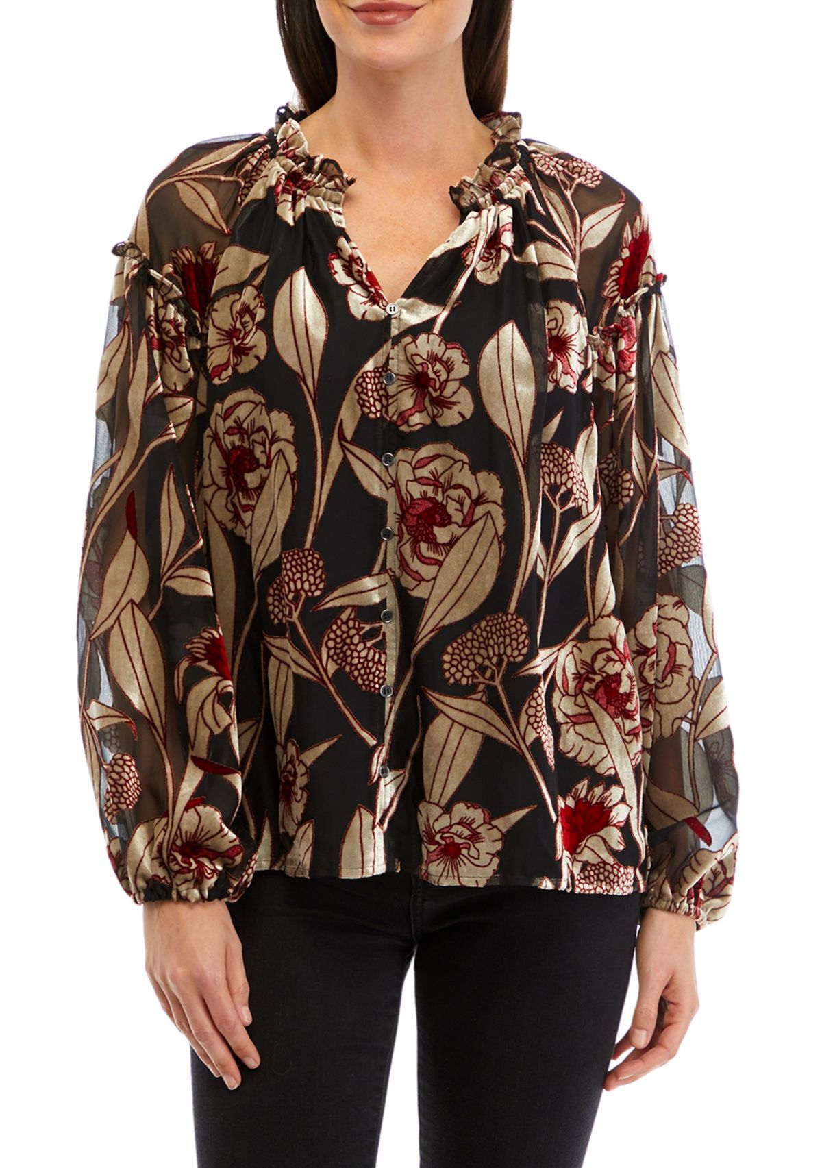 Womens Ruffle Trim Button Front Blouse