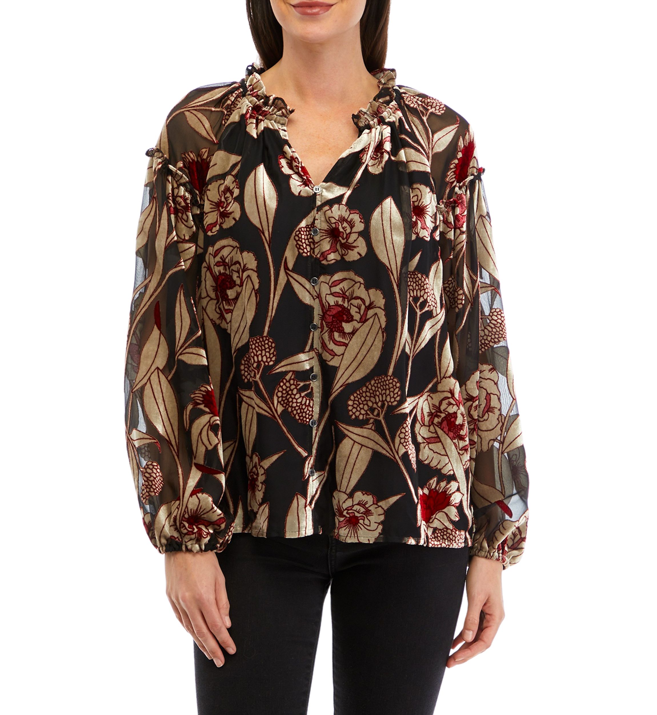 Womens Ruffle Trim Button Front Blouse