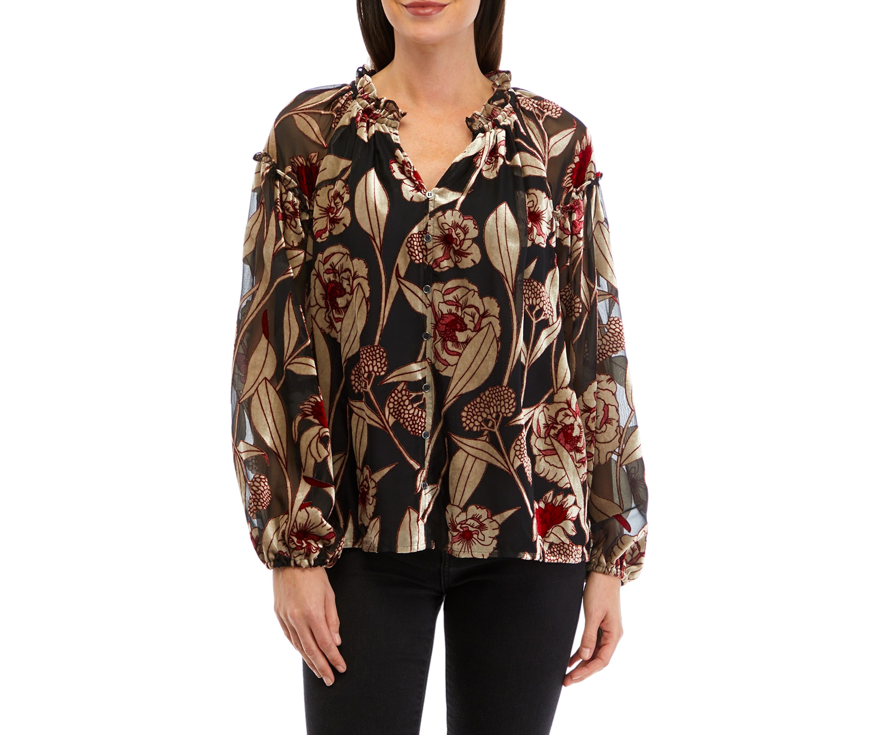 Womens Ruffle Trim Button Front Blouse