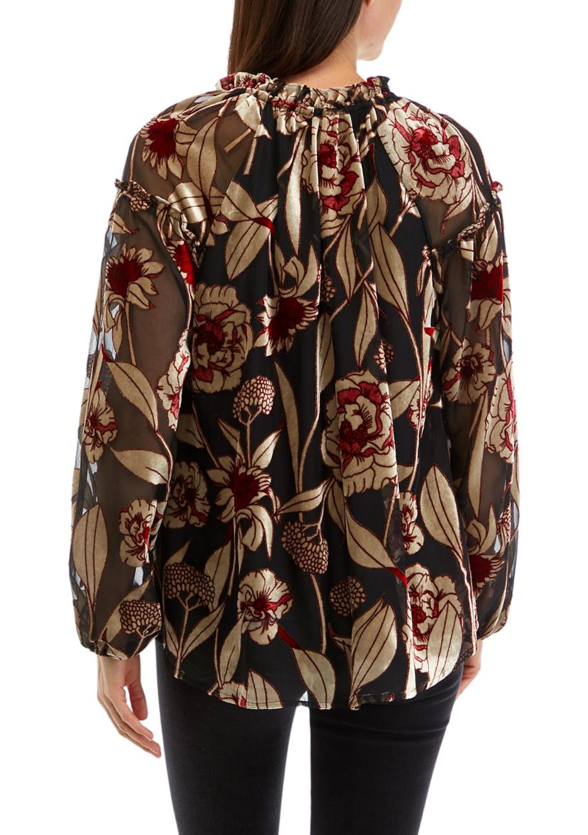 Womens Ruffle Trim Button Front Blouse