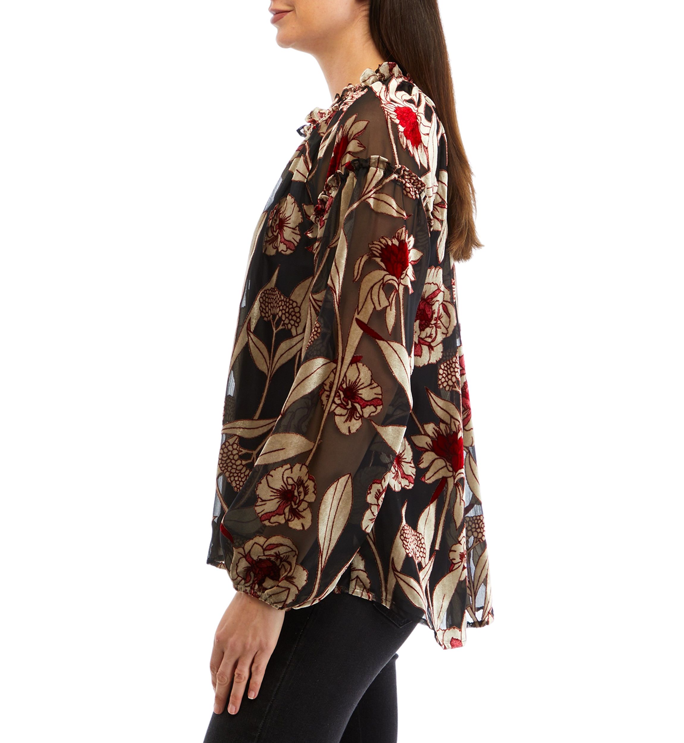 Womens Ruffle Trim Button Front Blouse