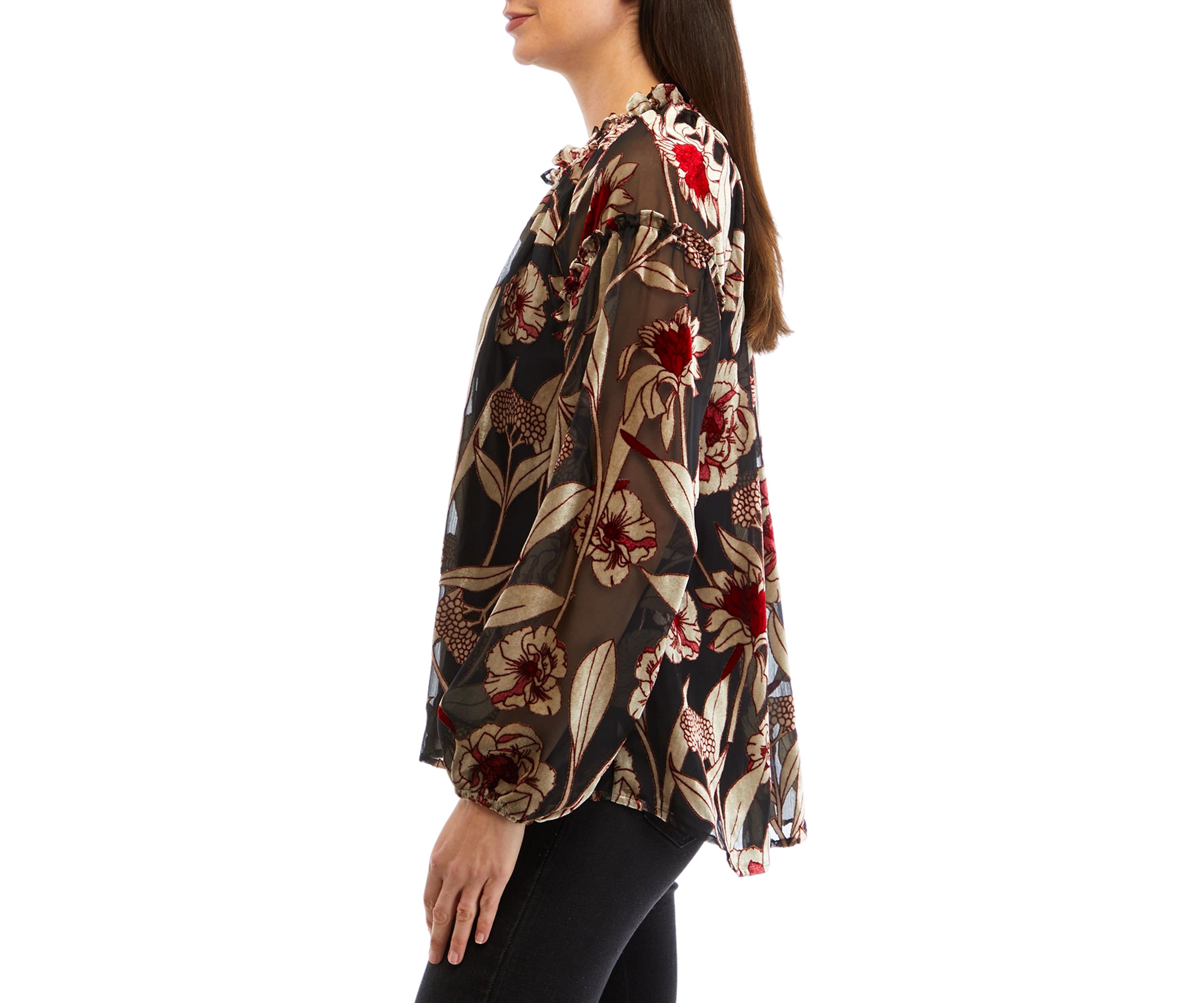Womens Ruffle Trim Button Front Blouse