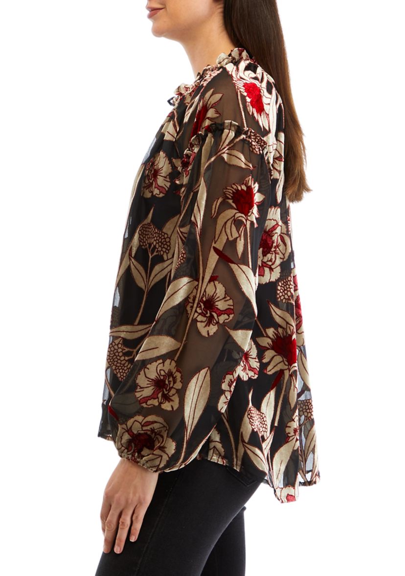 Womens Ruffle Trim Button Front Blouse