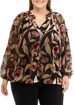 Cupio Women's Plus Size Ruffle Trim Button Front Blouse, 3X