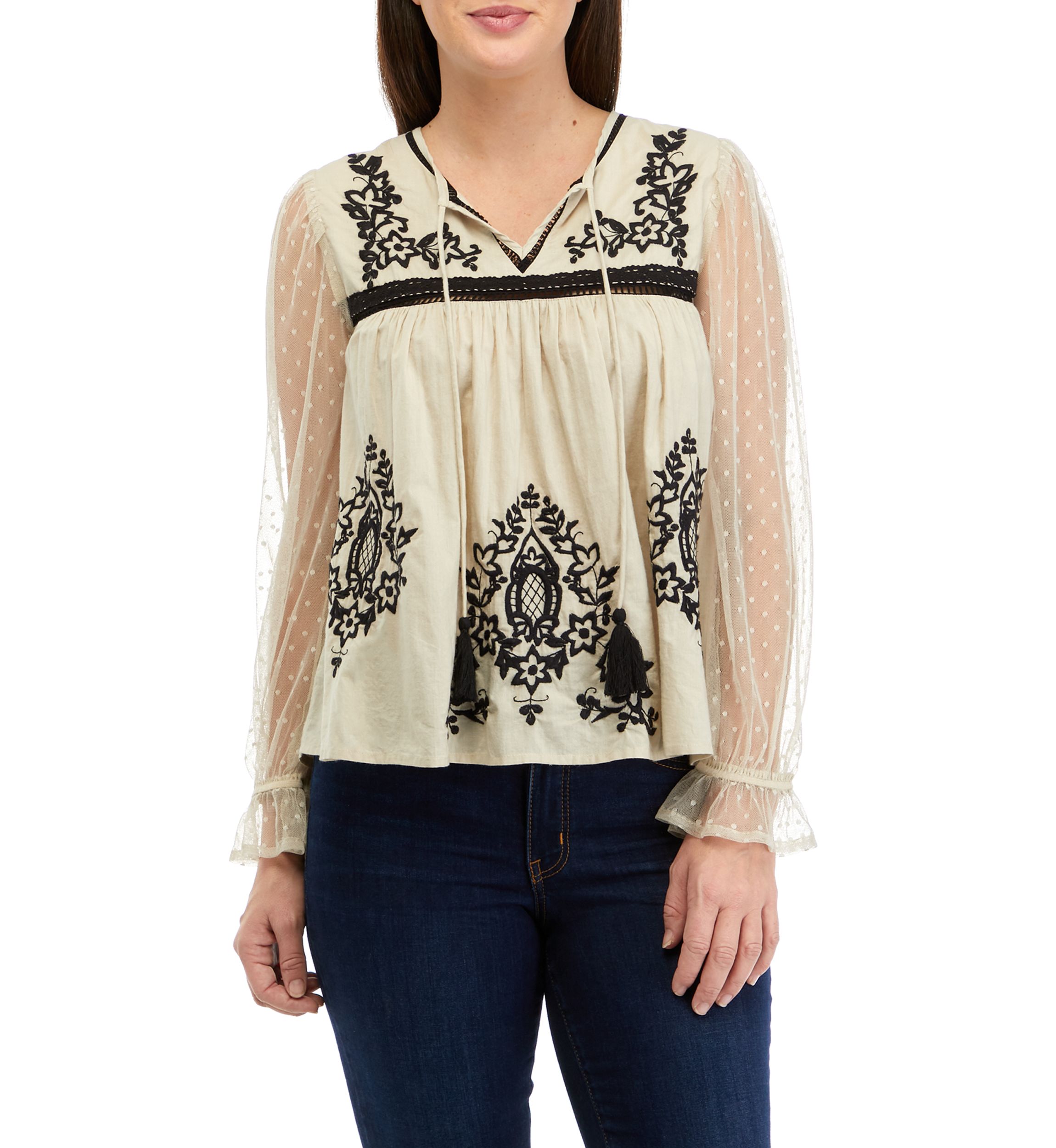 Womens Long Sleeve Sequin Embroidered Blouse