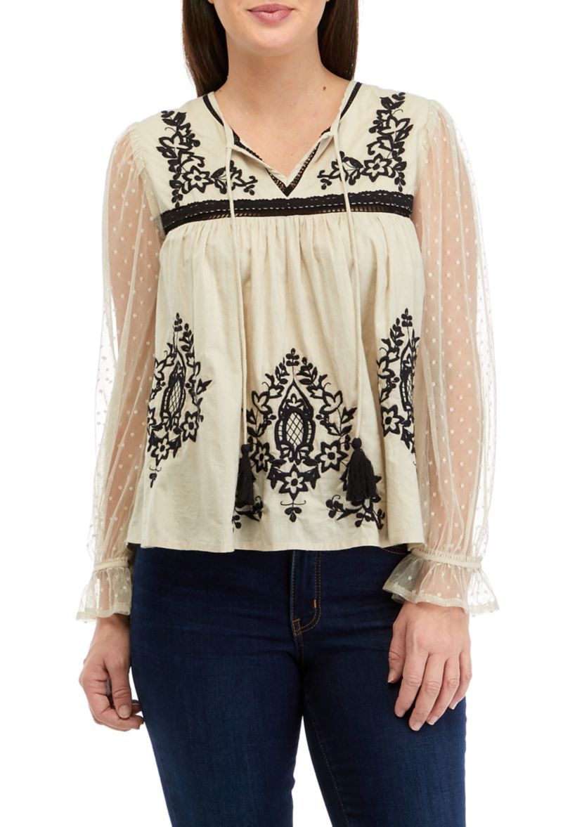 Womens Long Sleeve Sequin Embroidered Blouse