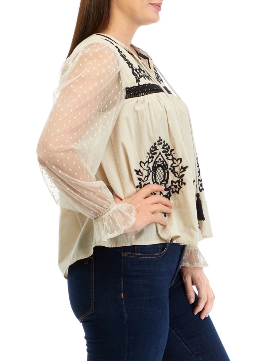 Womens Long Sleeve Sequin Embroidered Blouse