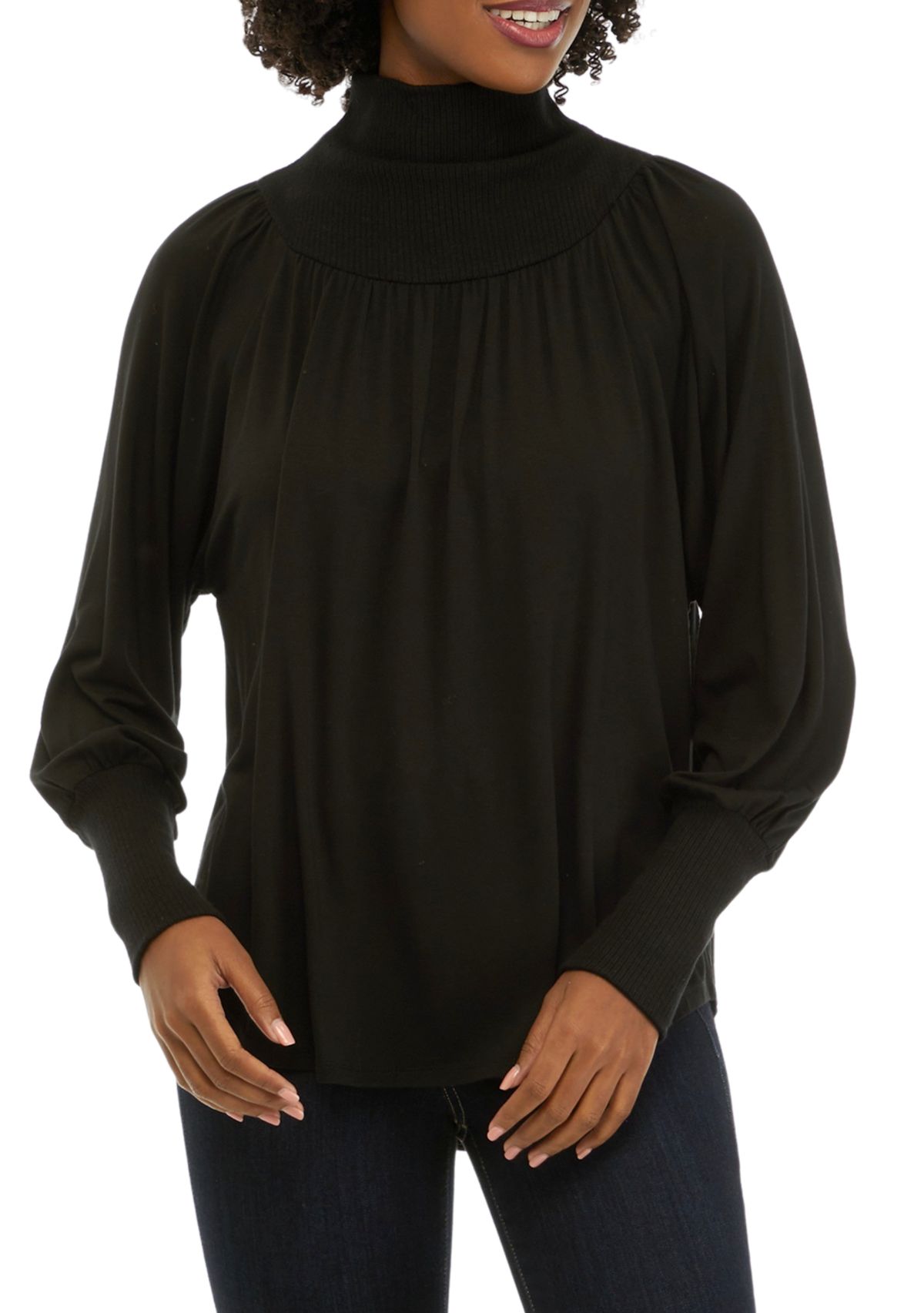 Womens Lantern Sleeve Funnel Neck Top 