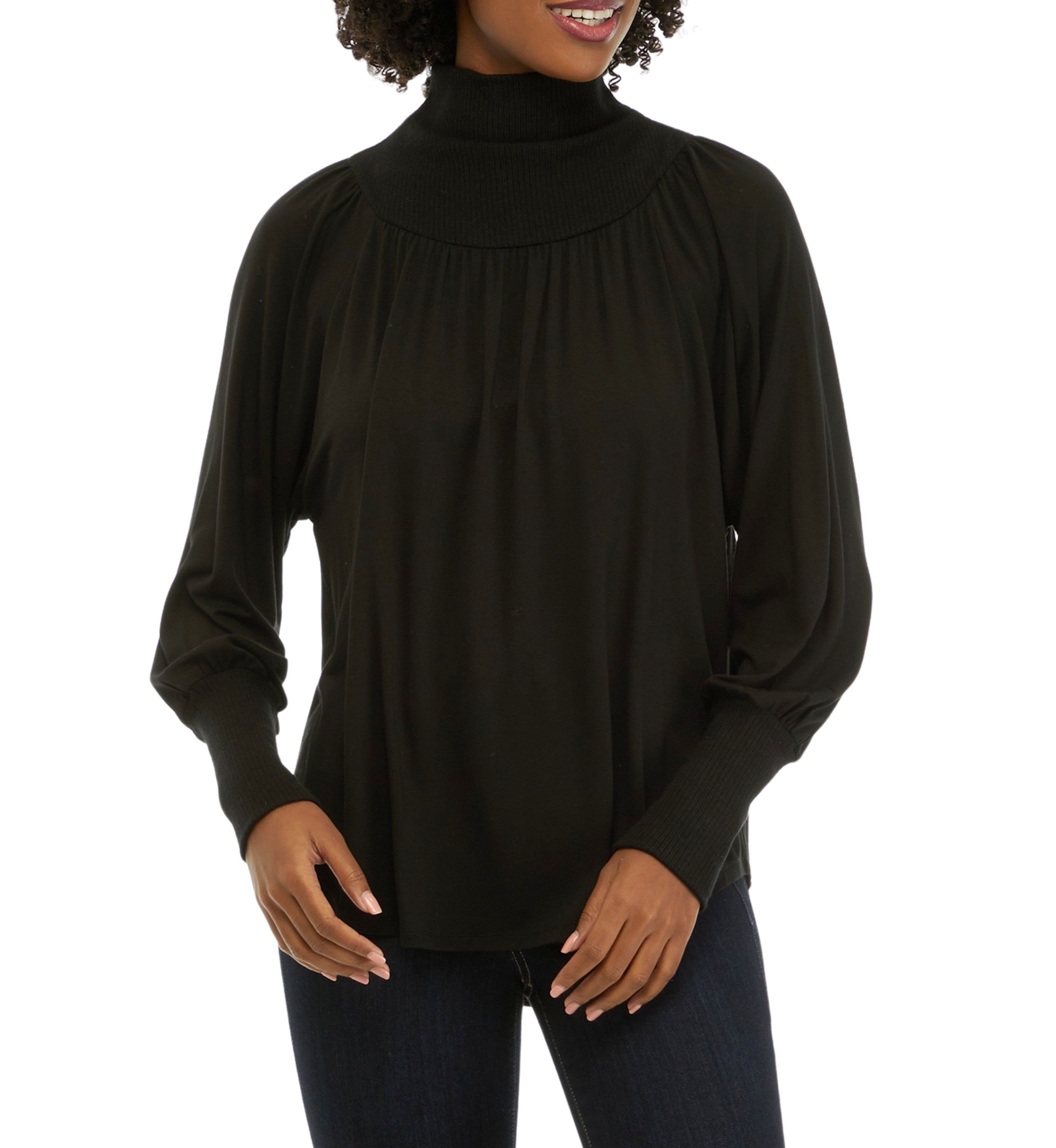 Womens Lantern Sleeve Funnel Neck Top 