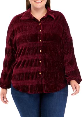 Cupio Women's Plus Size Long Sleeve Knit Velvet Tunic Top, Burgundy, 1X