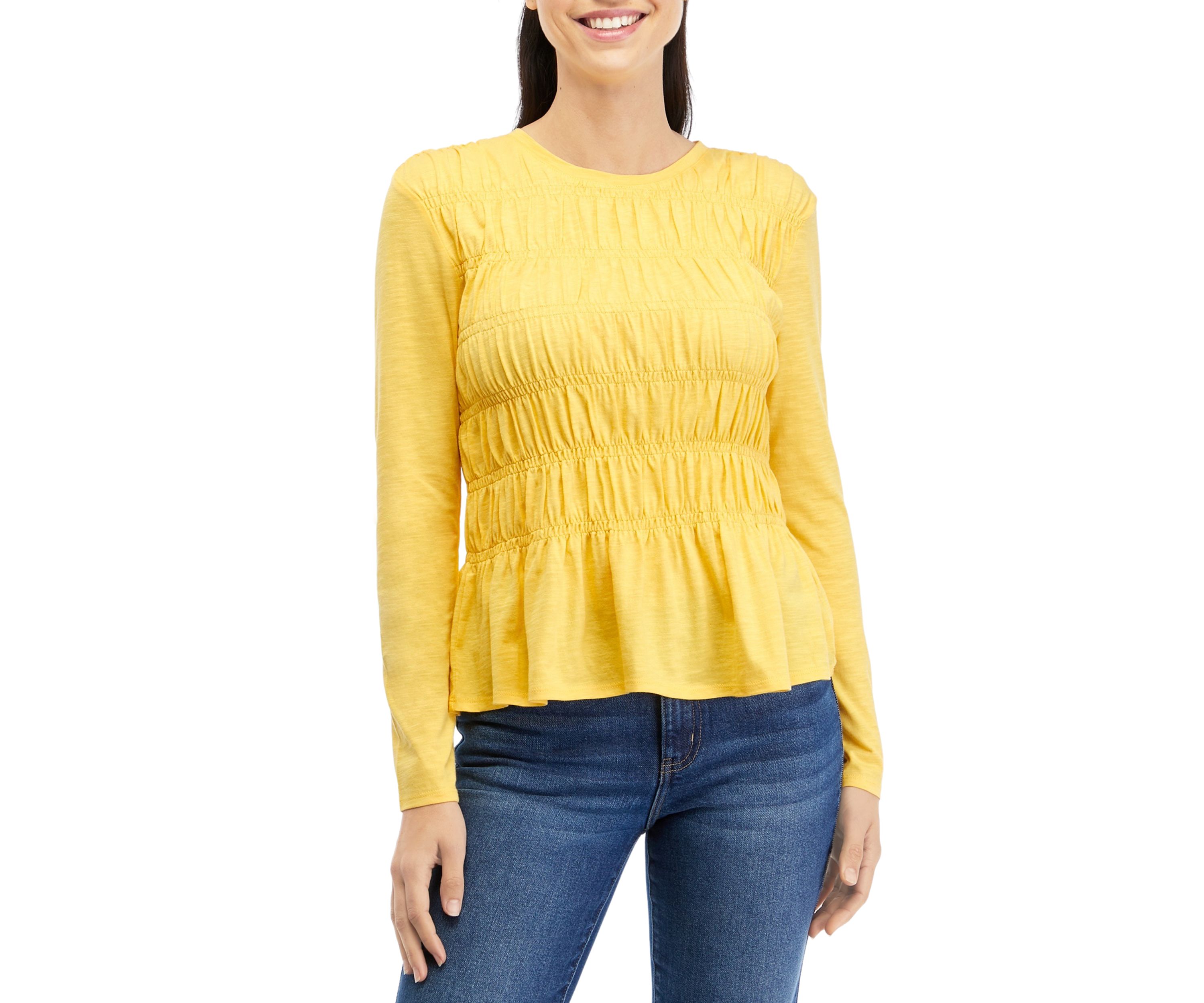 Womens Long Sleeve Smocked Knit Top