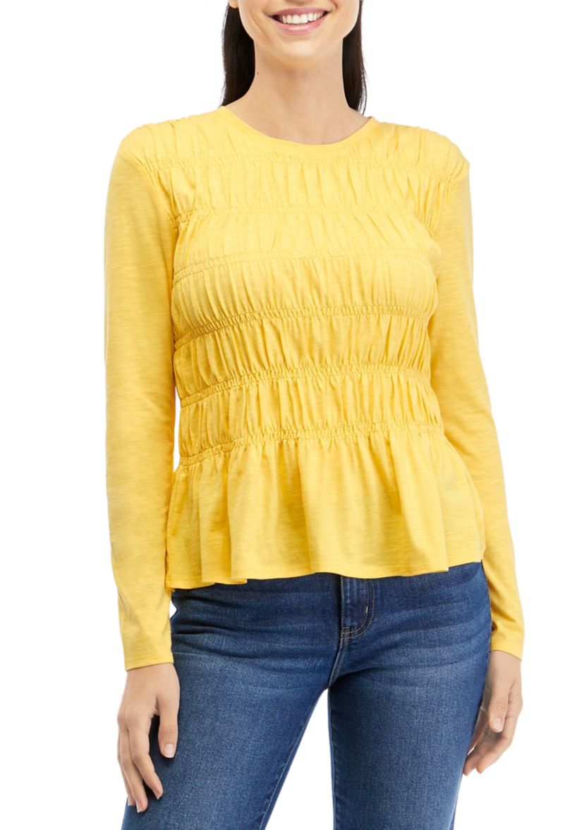 Womens Long Sleeve Smocked Knit Top