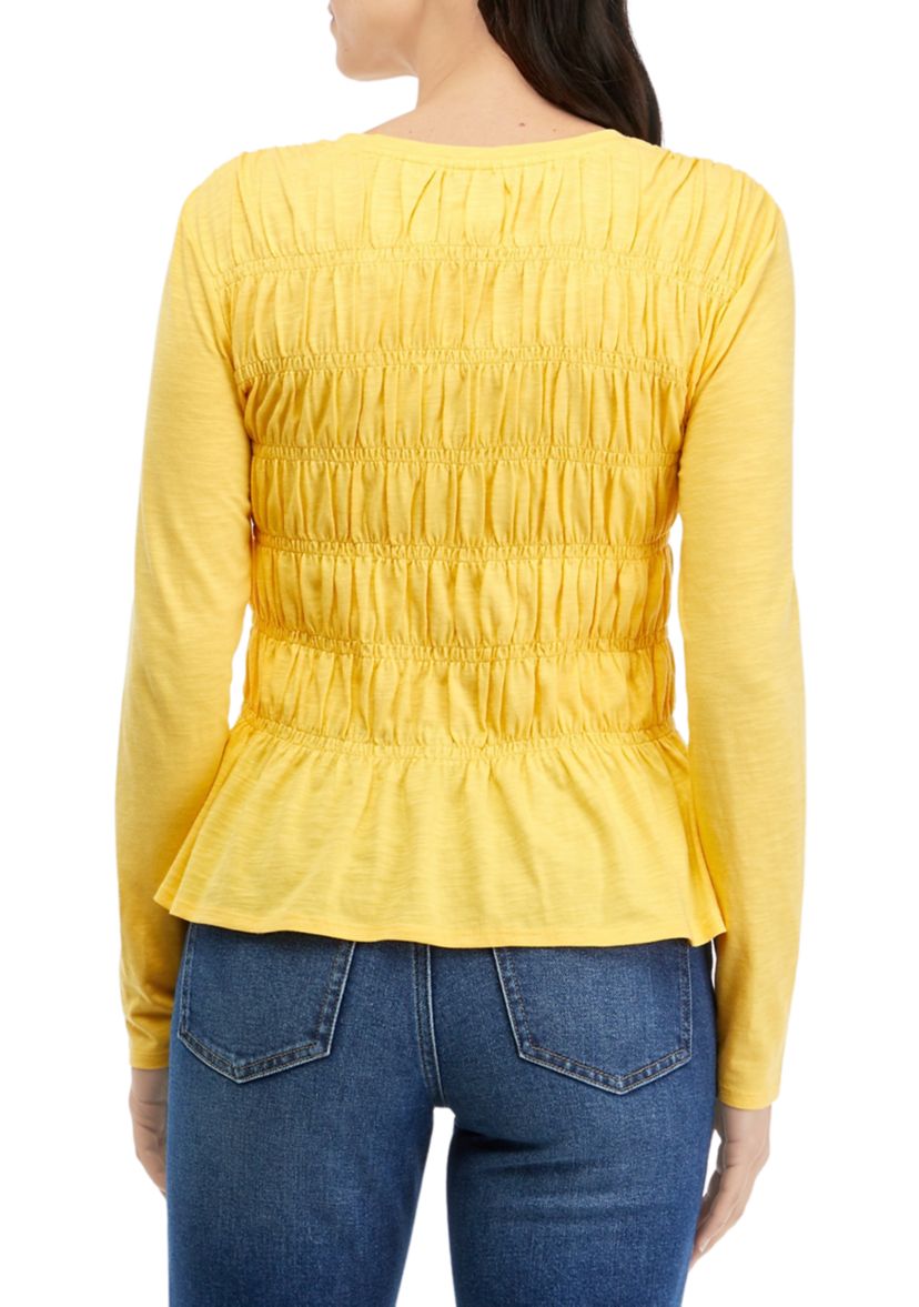 Womens Long Sleeve Smocked Knit Top