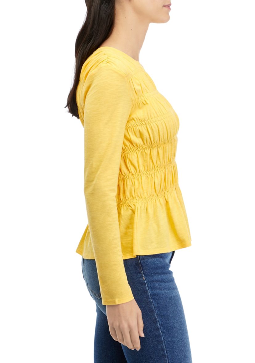 Womens Long Sleeve Smocked Knit Top