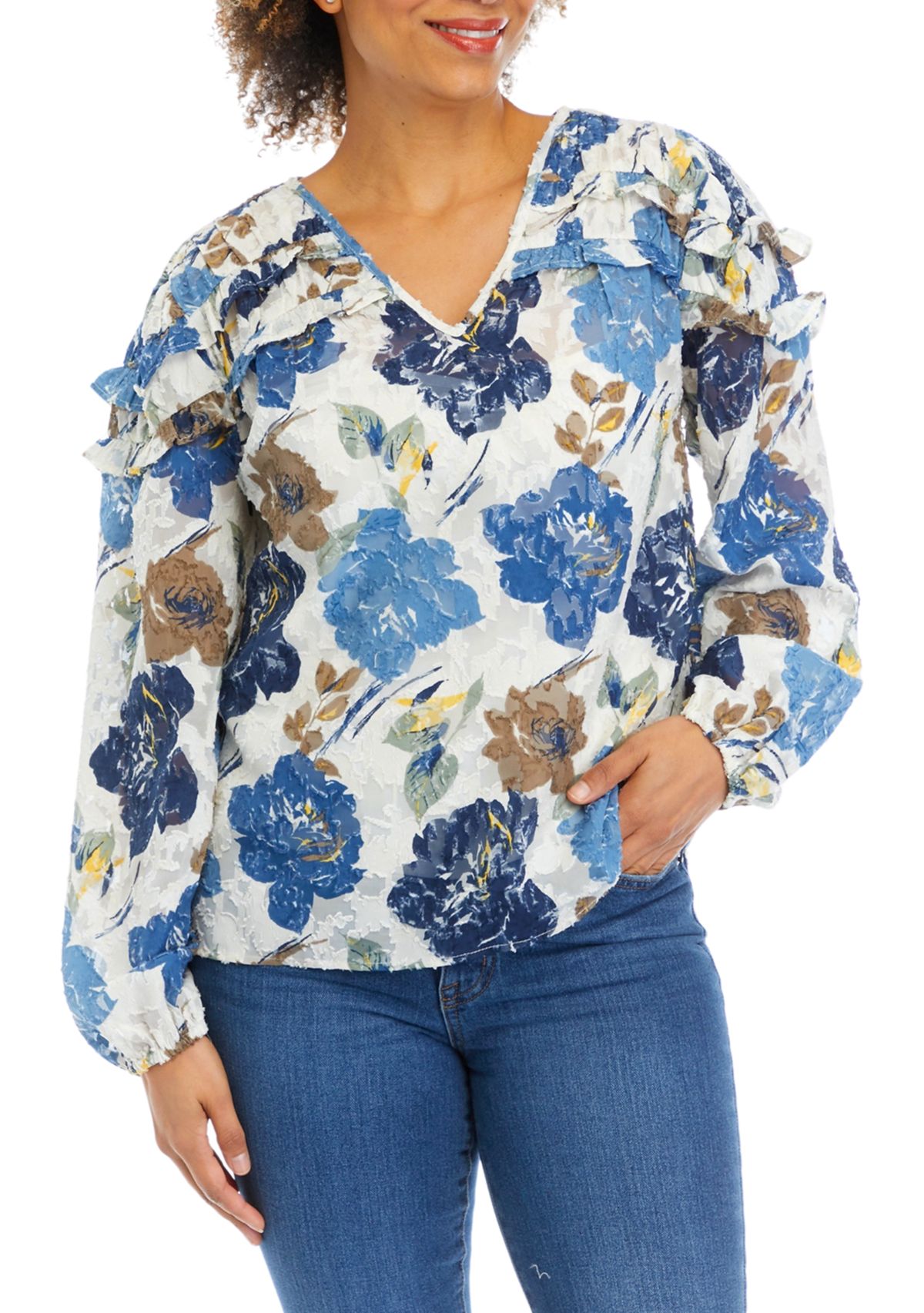 Womens Floral Printed Ruffle Blouse