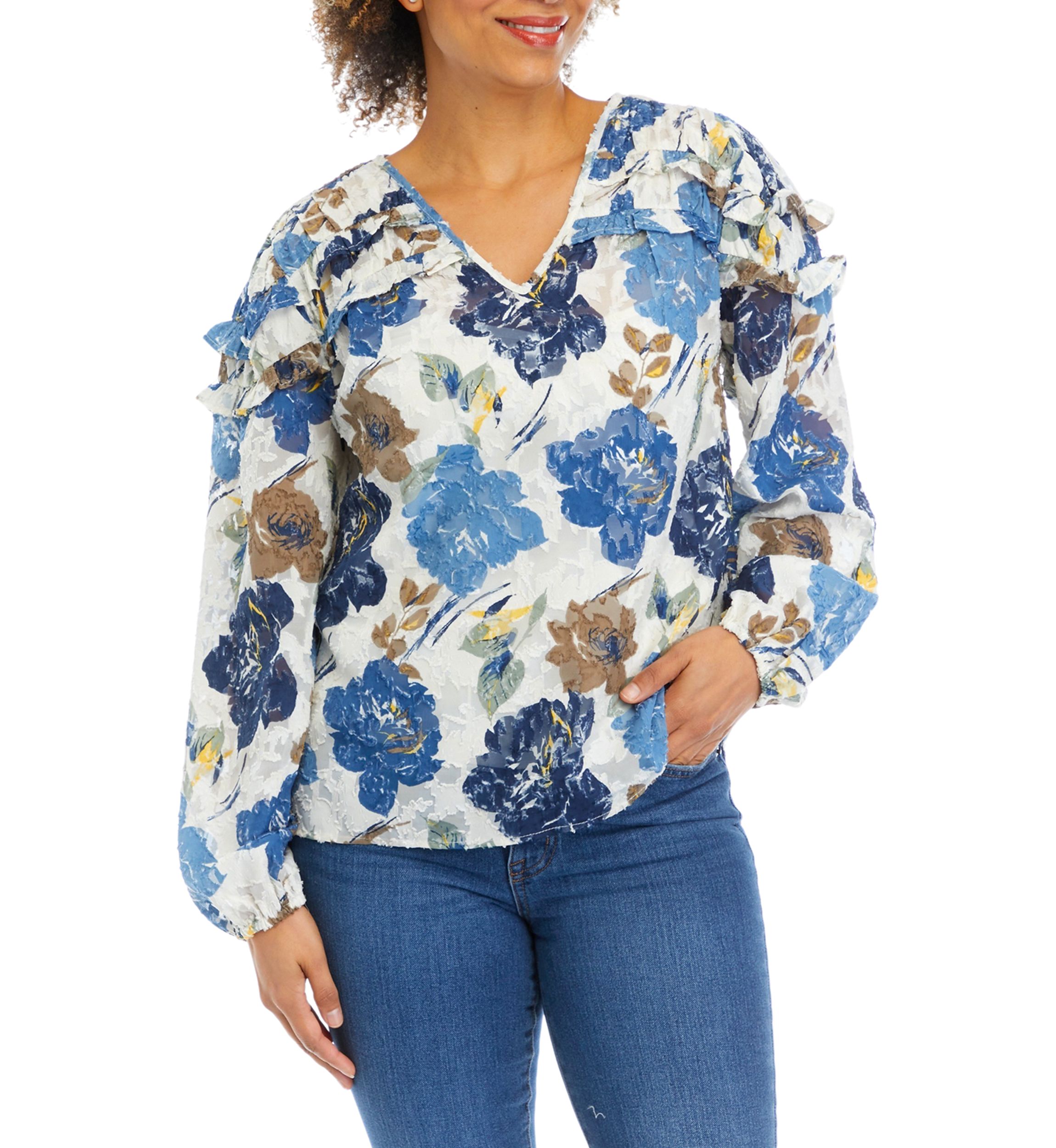 Womens Floral Printed Ruffle Blouse