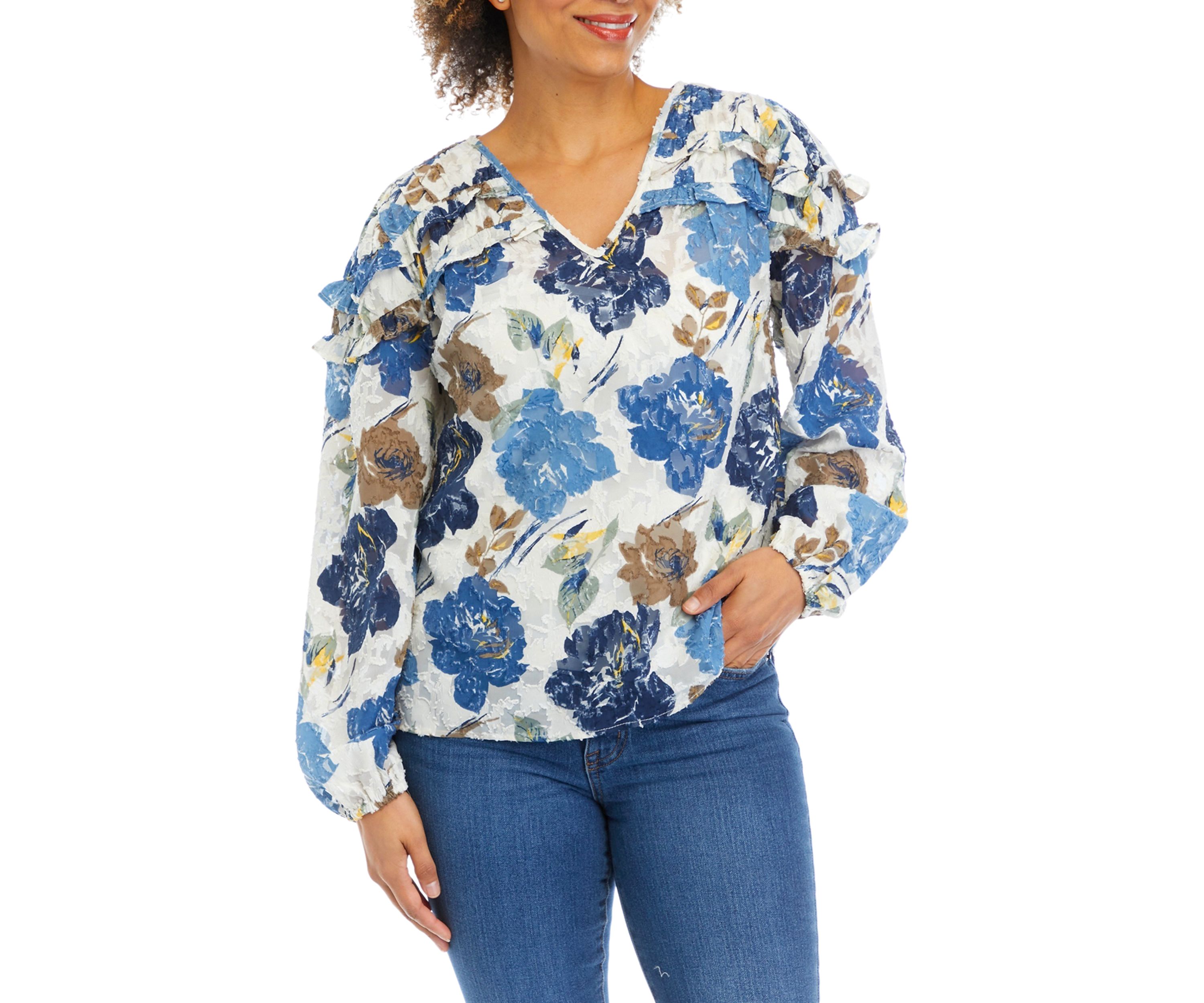 Womens Floral Printed Ruffle Blouse
