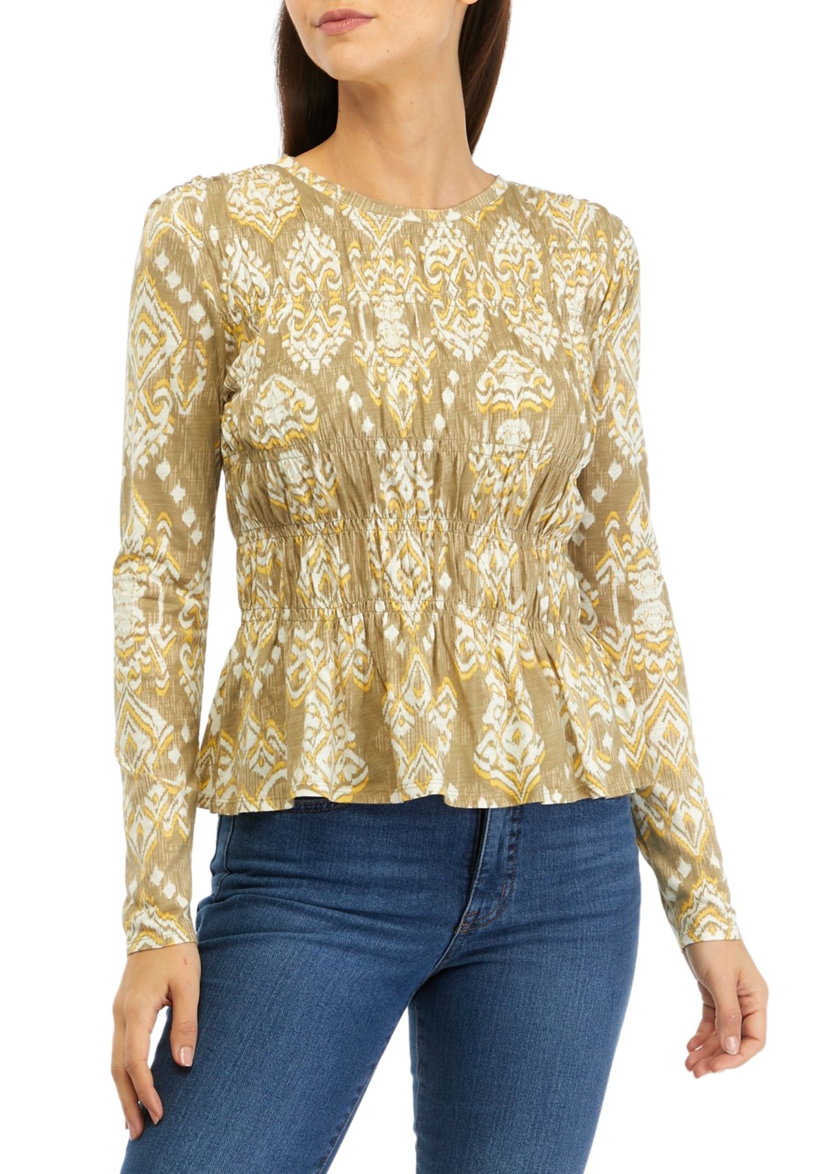 Womens Long Sleeve Printed Smocked Knit Top 