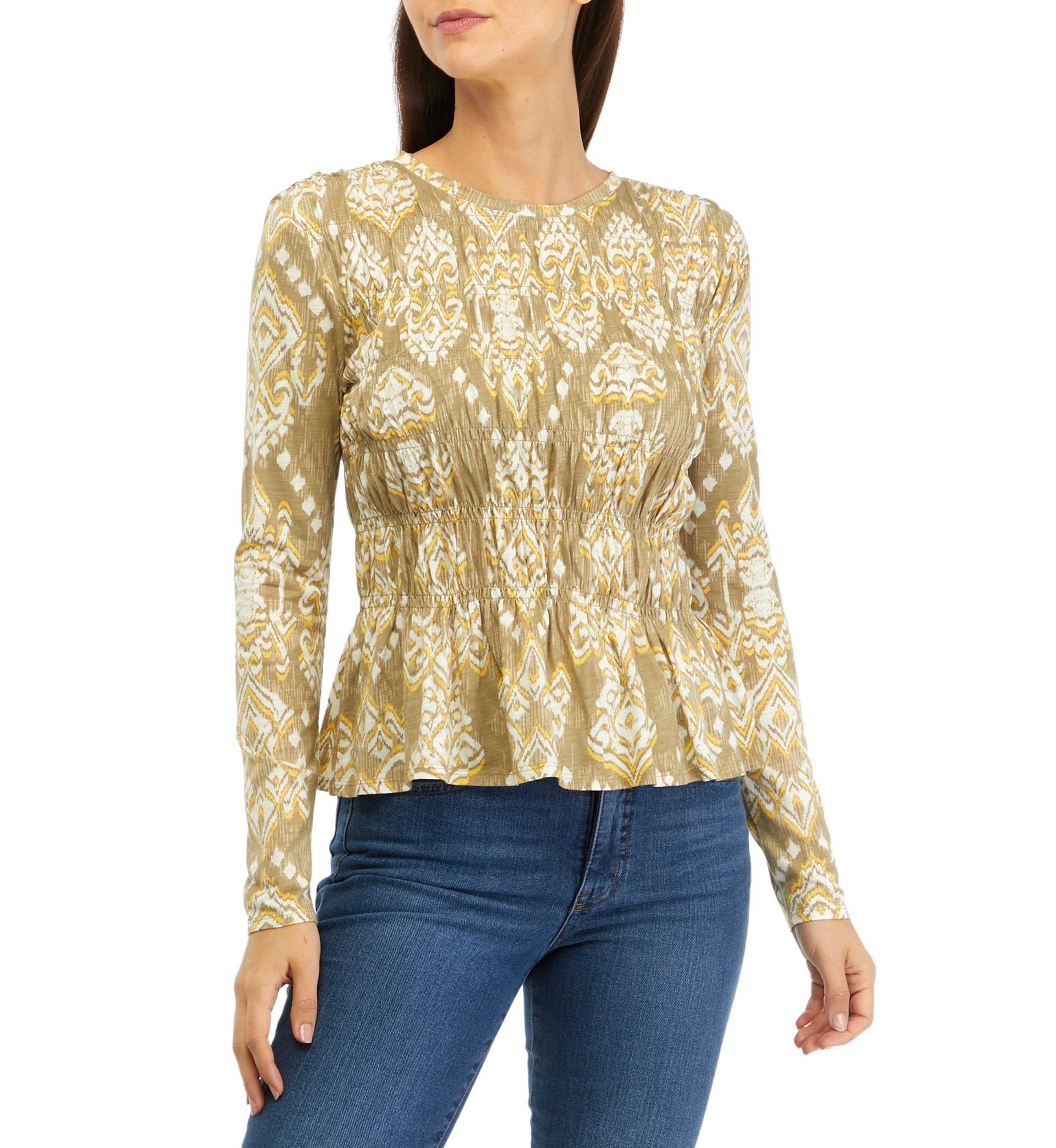 Womens Long Sleeve Printed Smocked Knit Top 