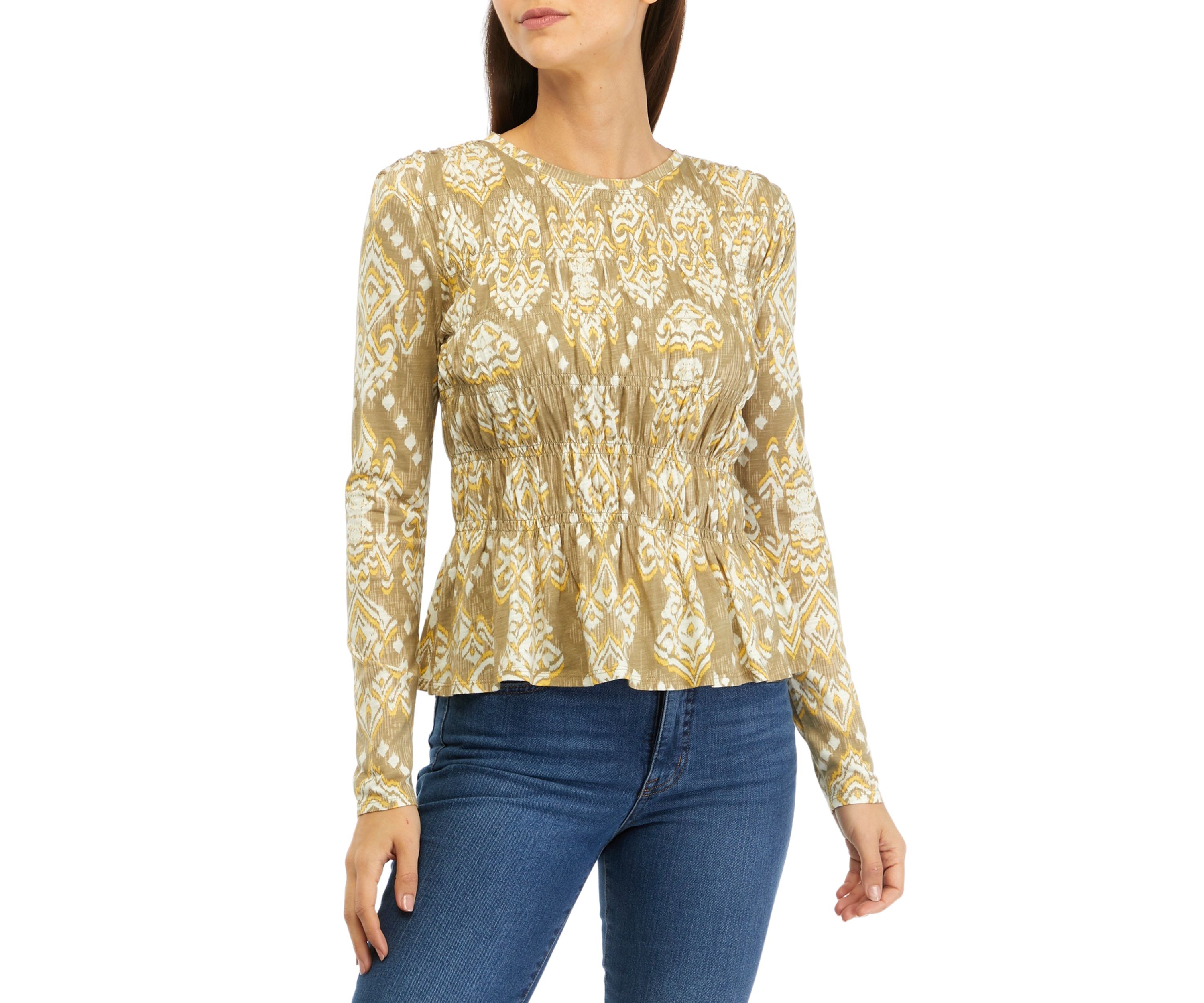Womens Long Sleeve Printed Smocked Knit Top 