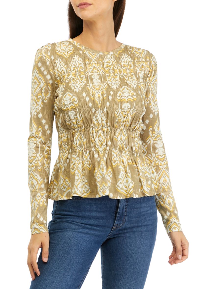 Womens Long Sleeve Printed Smocked Knit Top 