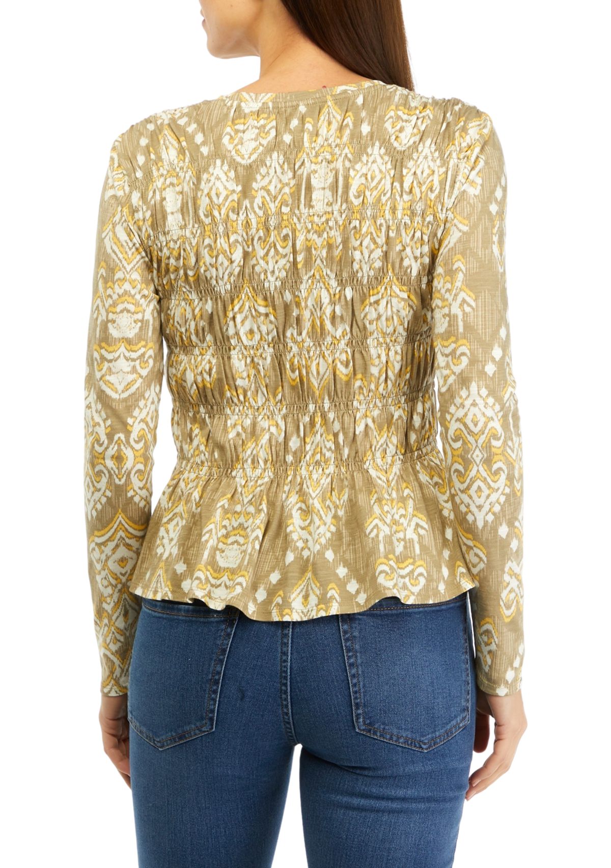 Womens Long Sleeve Printed Smocked Knit Top 