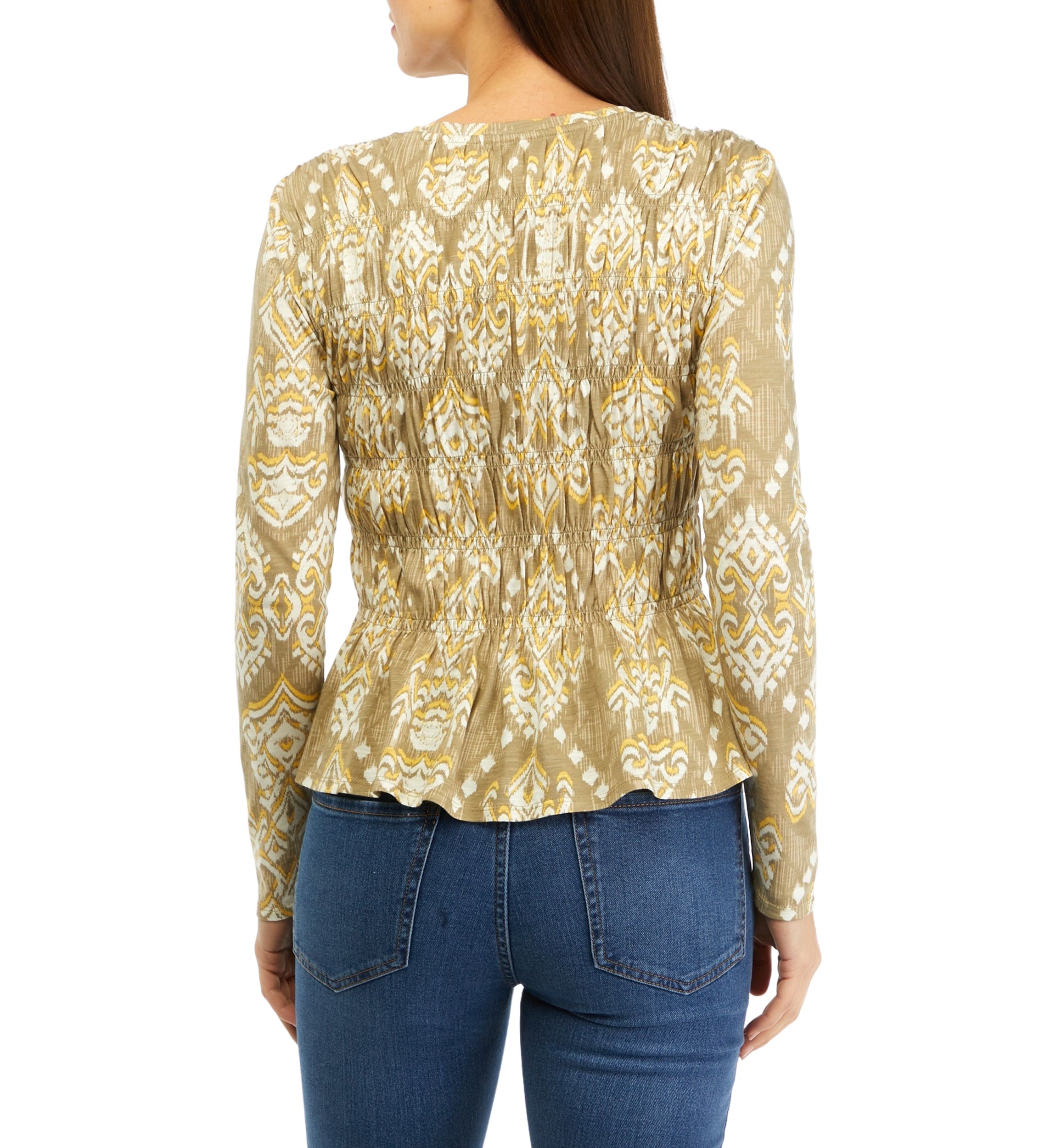 Womens Long Sleeve Printed Smocked Knit Top 