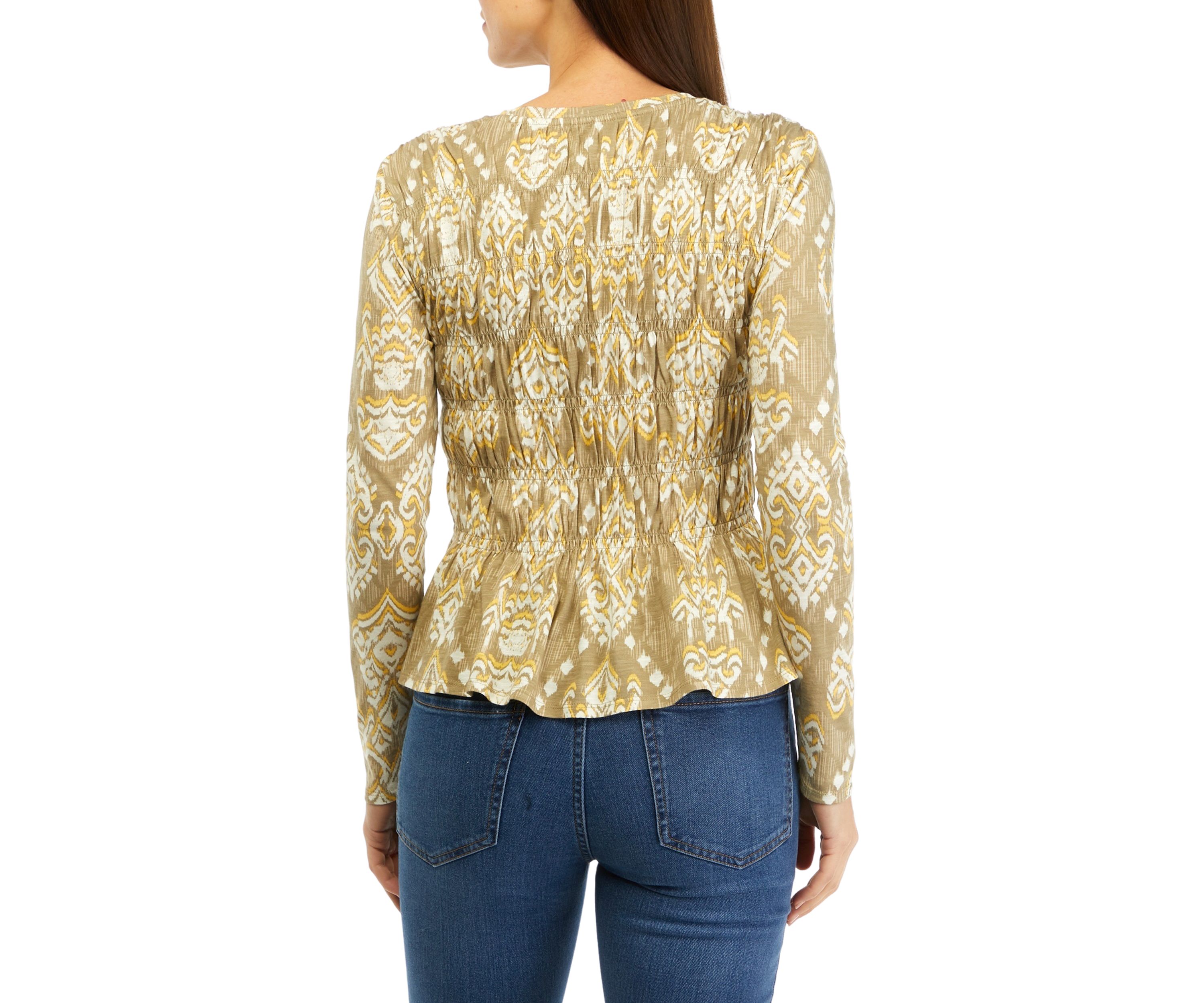 Womens Long Sleeve Printed Smocked Knit Top 