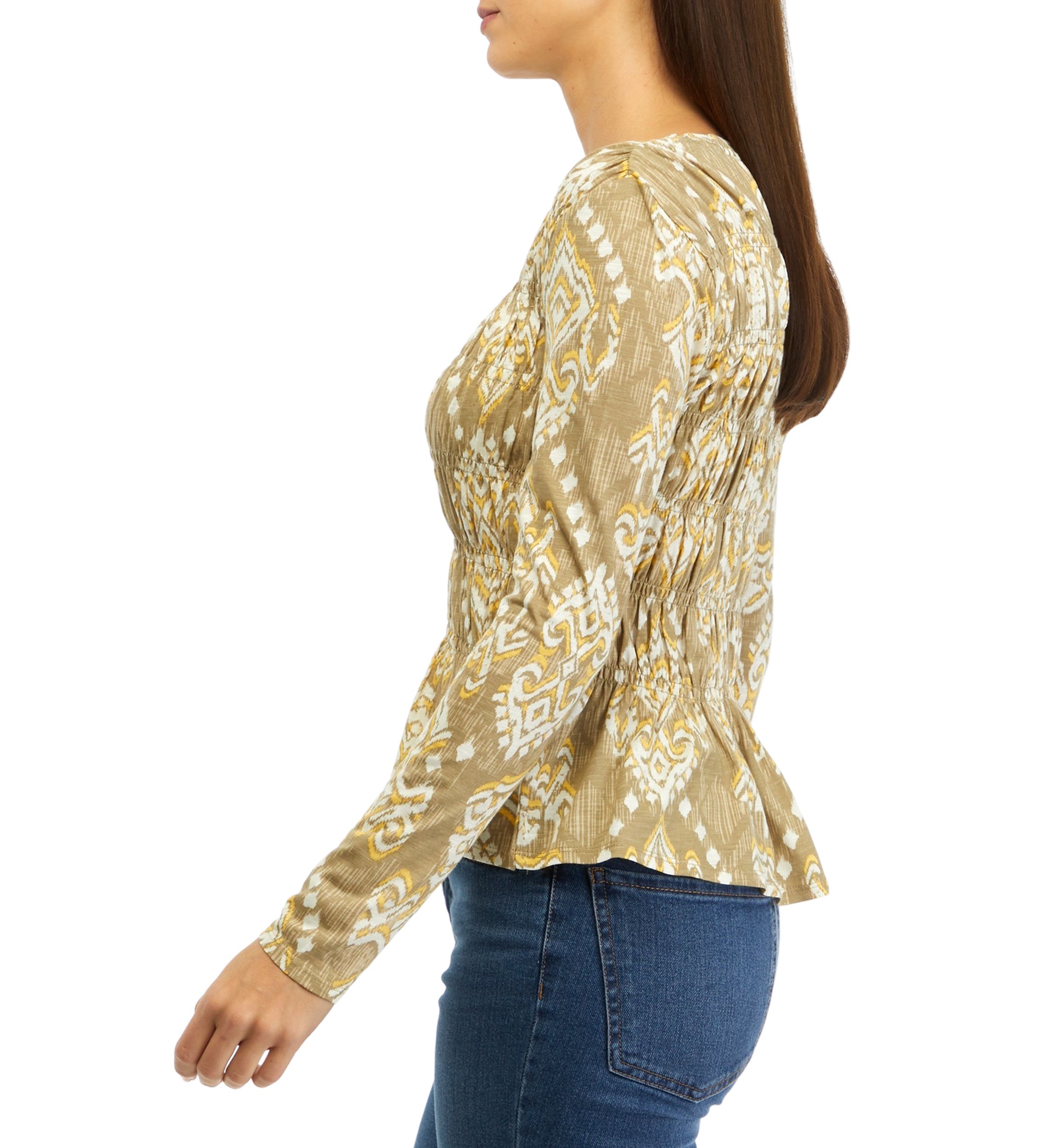 Womens Long Sleeve Printed Smocked Knit Top 