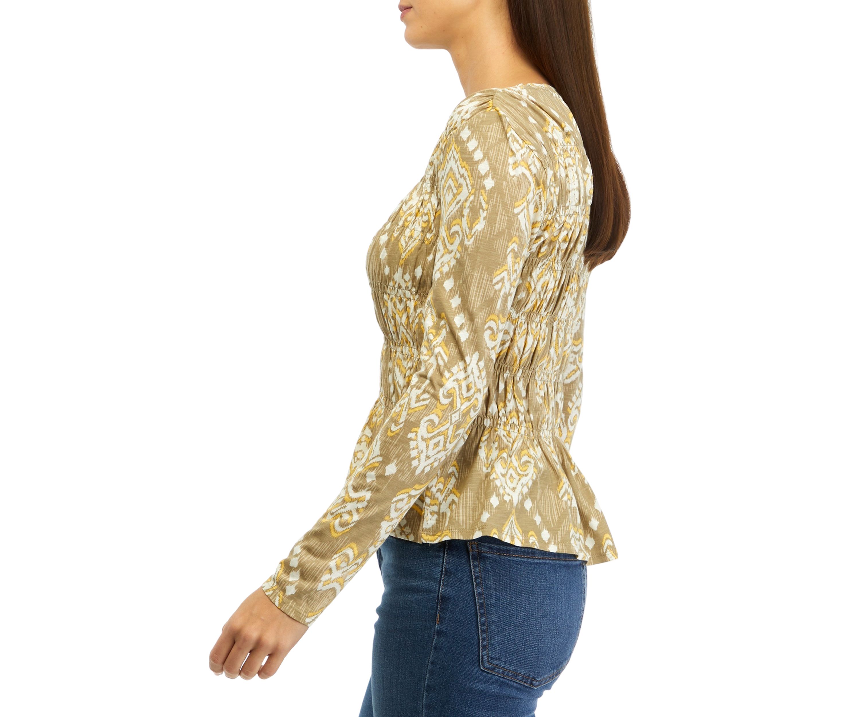 Womens Long Sleeve Printed Smocked Knit Top 