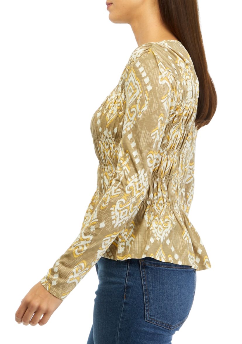 Womens Long Sleeve Printed Smocked Knit Top 