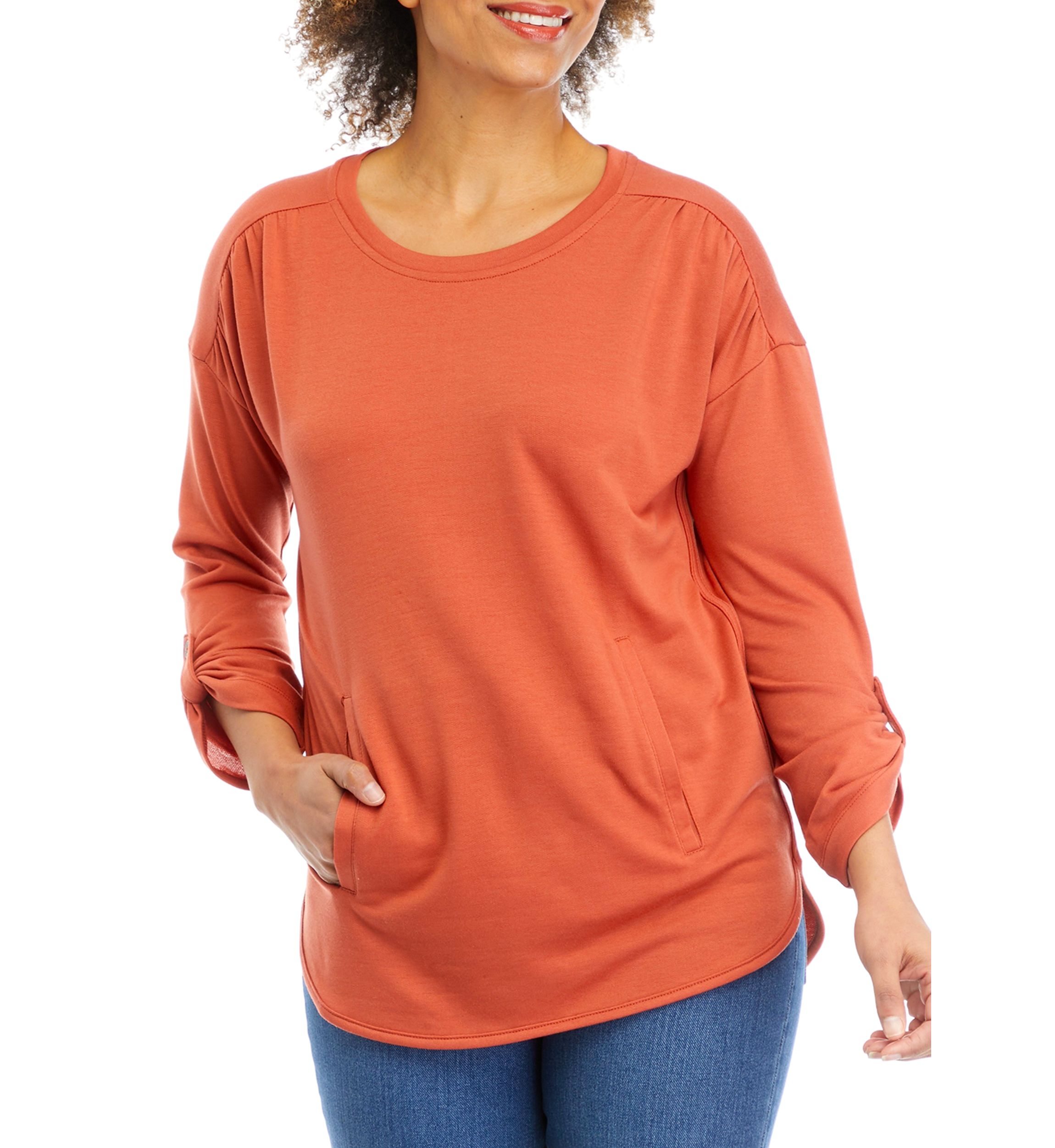 Womens Roll Tab Sleeve Smile Hem T-Shirt
