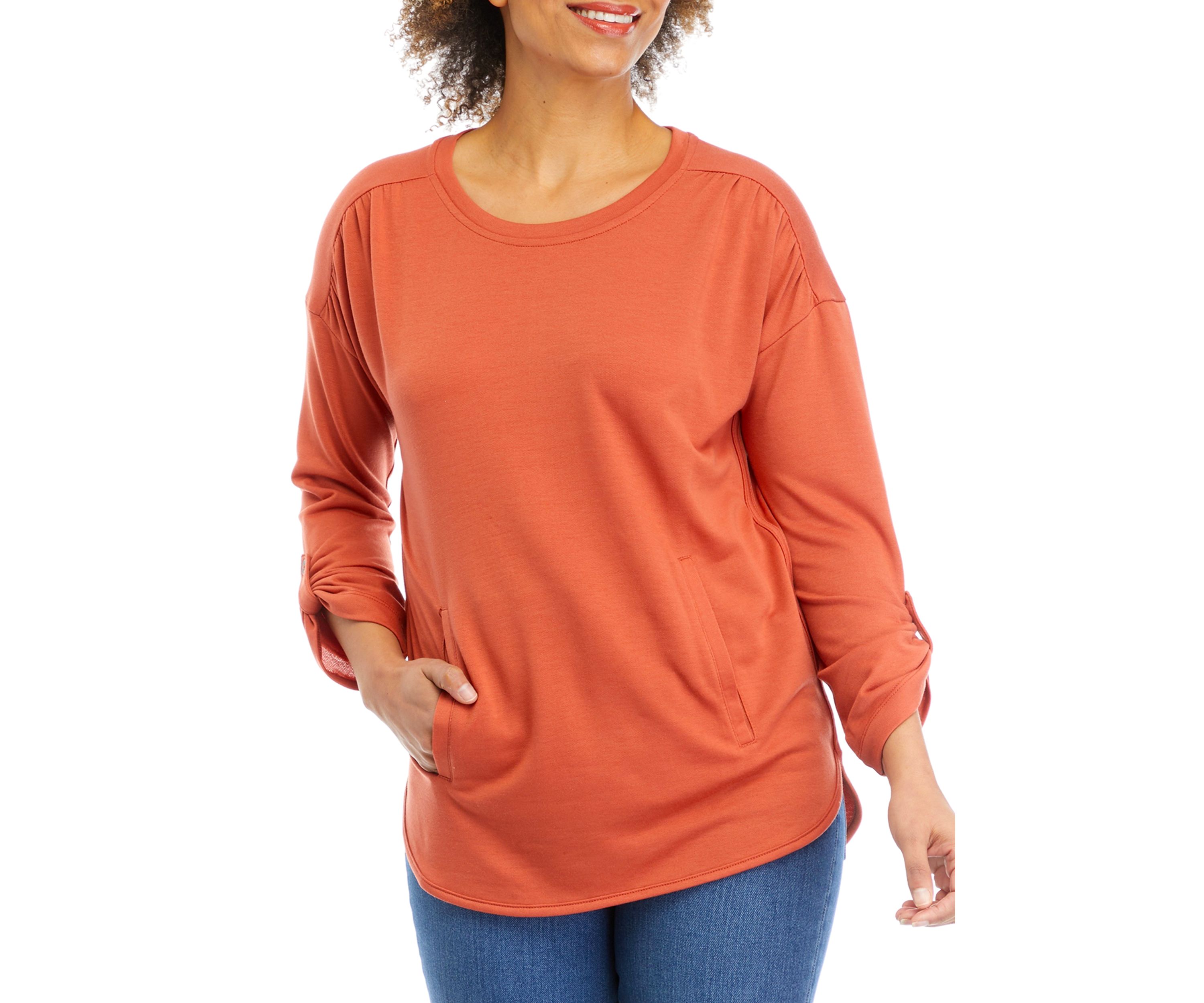 Womens Roll Tab Sleeve Smile Hem T-Shirt