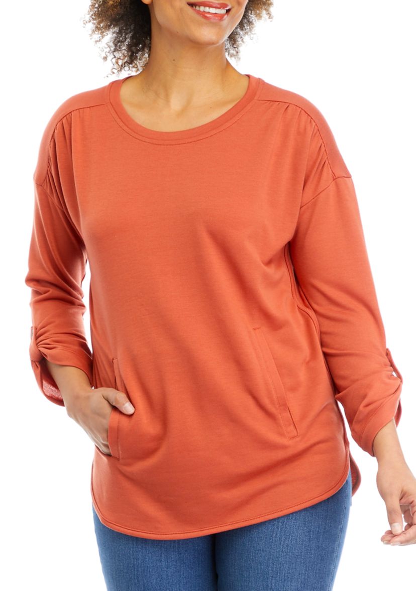 Womens Roll Tab Sleeve Smile Hem T-Shirt