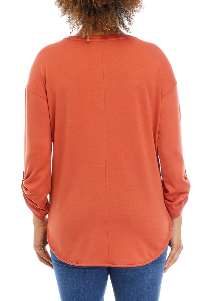 Womens Roll Tab Sleeve Smile Hem T-Shirt