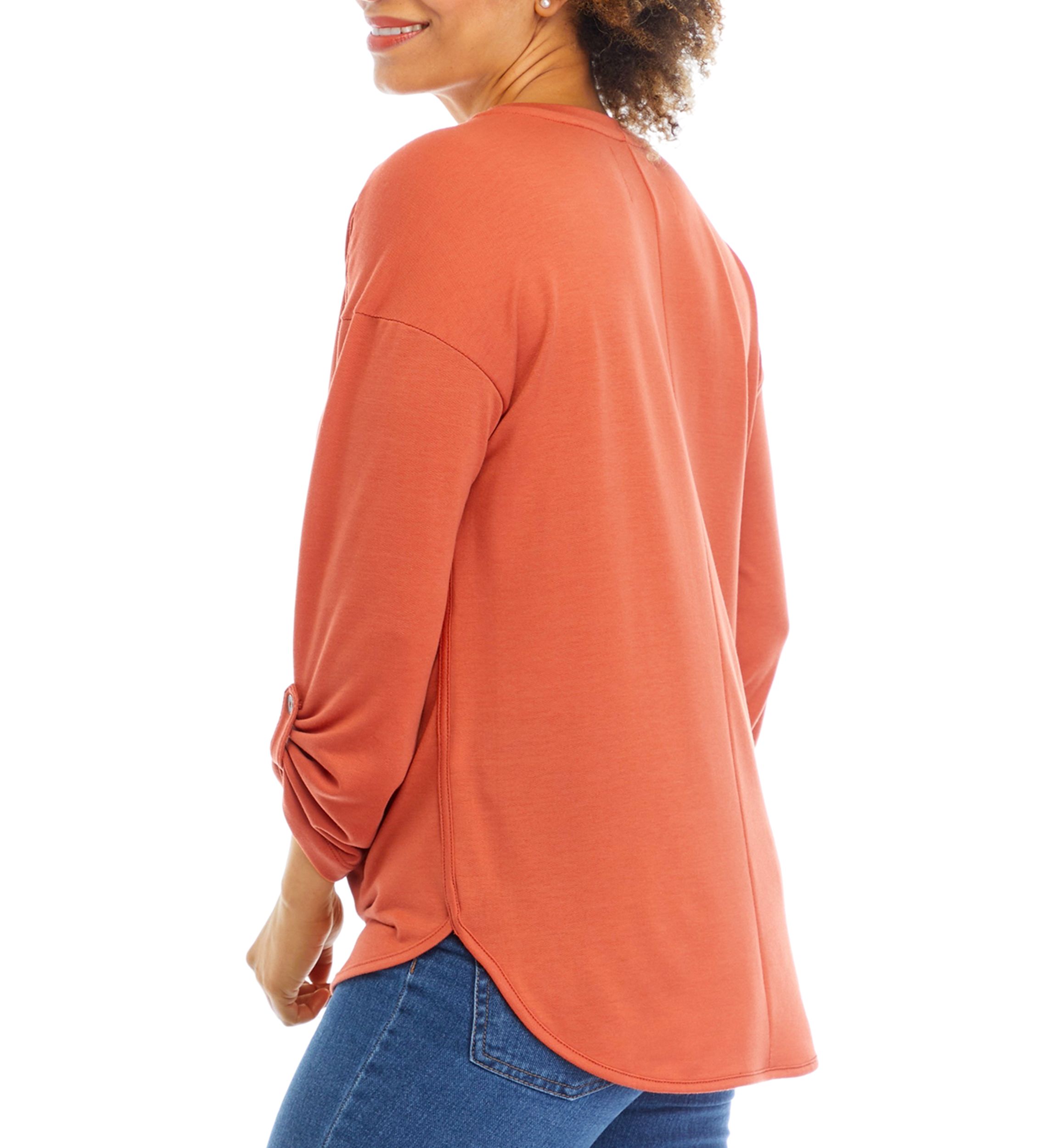 Womens Roll Tab Sleeve Smile Hem T-Shirt