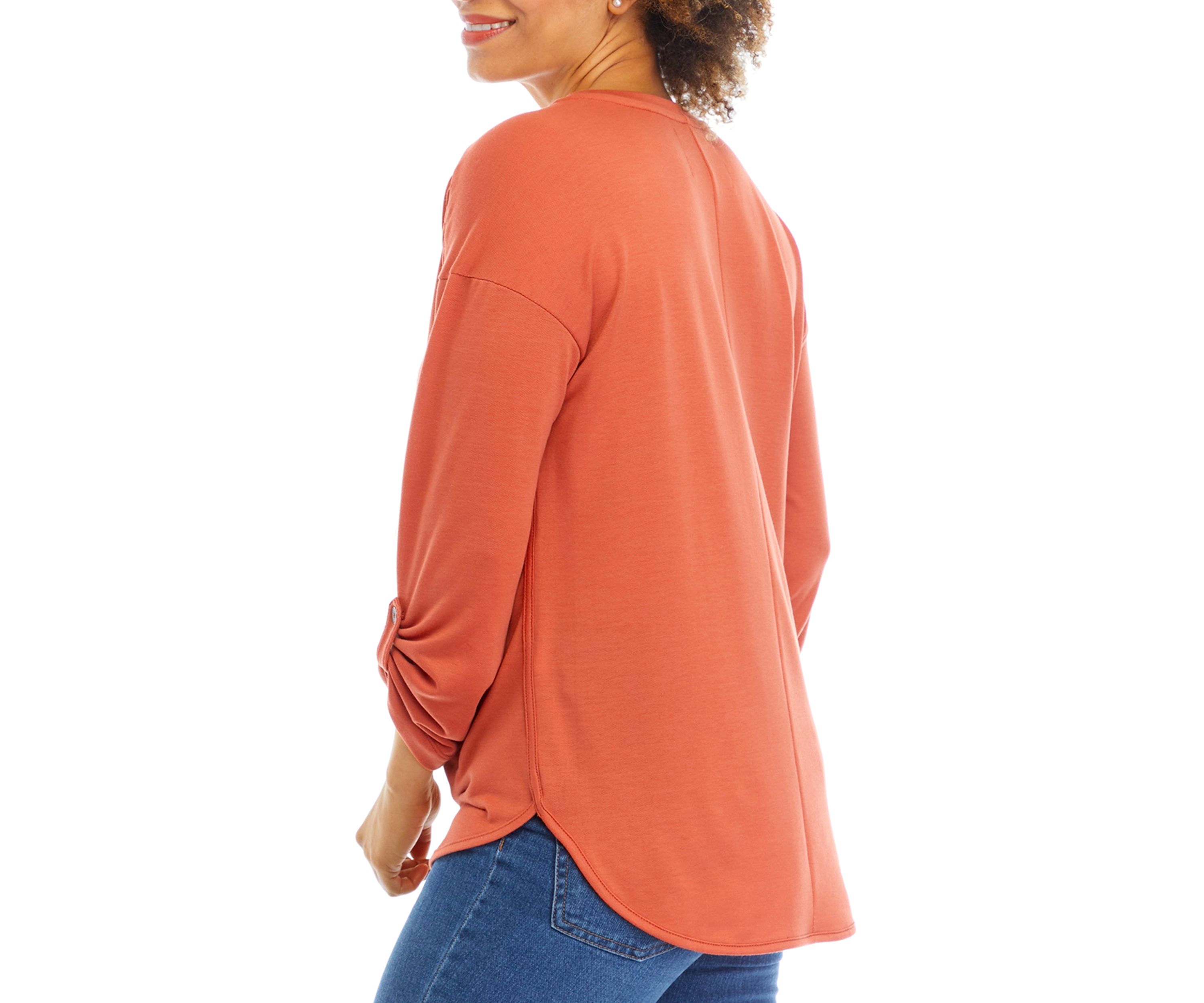 Womens Roll Tab Sleeve Smile Hem T-Shirt