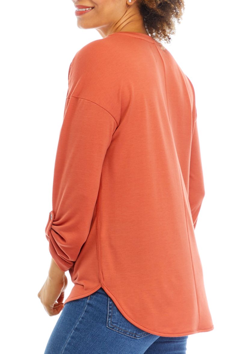 Womens Roll Tab Sleeve Smile Hem T-Shirt