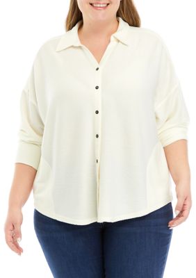 Cupio Women's Plus Size Nikki Knit Button Down Top, White, 2X
