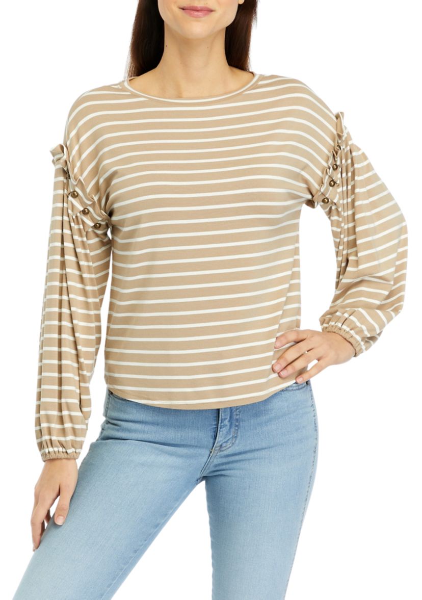 Womens Beaded Ruffle Sleeve Top