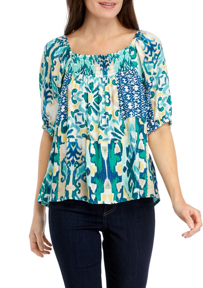 Womens Short Sleeve Square Neck Printed Top