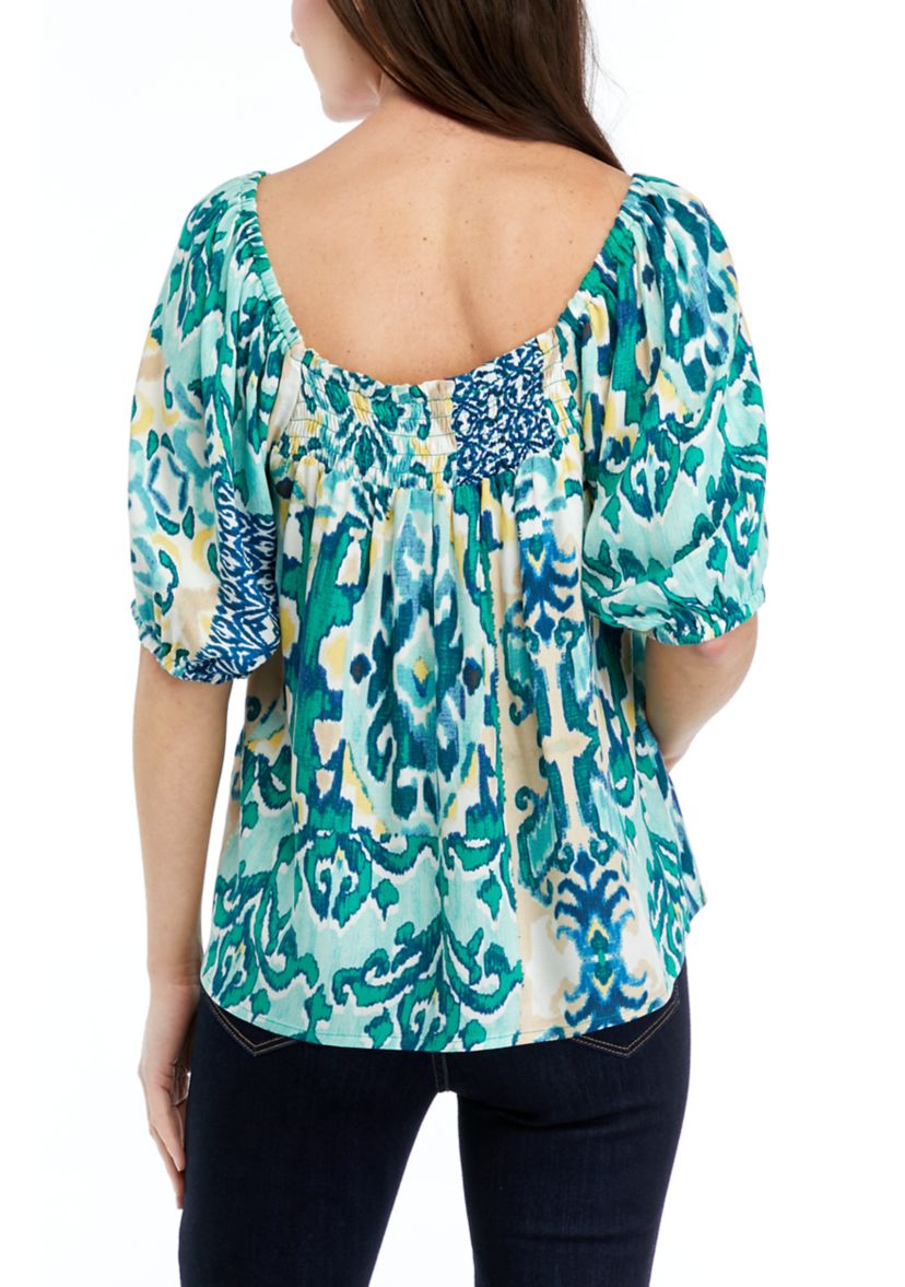 Womens Short Sleeve Square Neck Printed Top