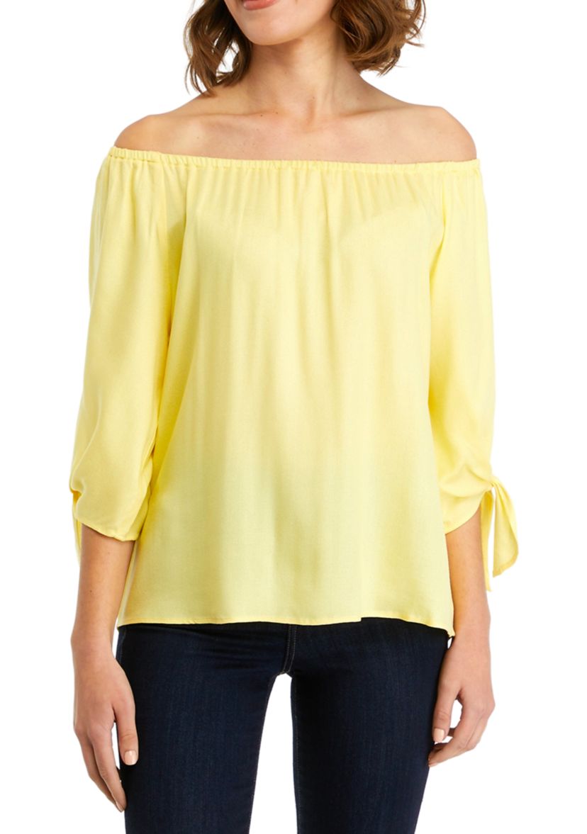 Womens Off the Shoulder Woven Tie Sleeve Blouse
