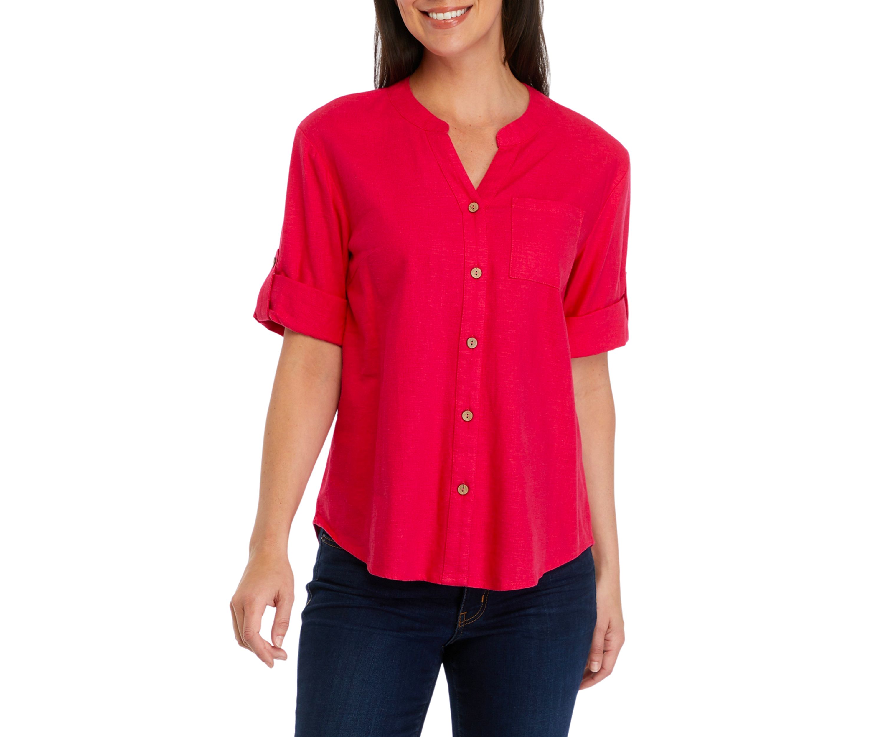 Womens Roll Tab Split Neck Button Front Shirt
